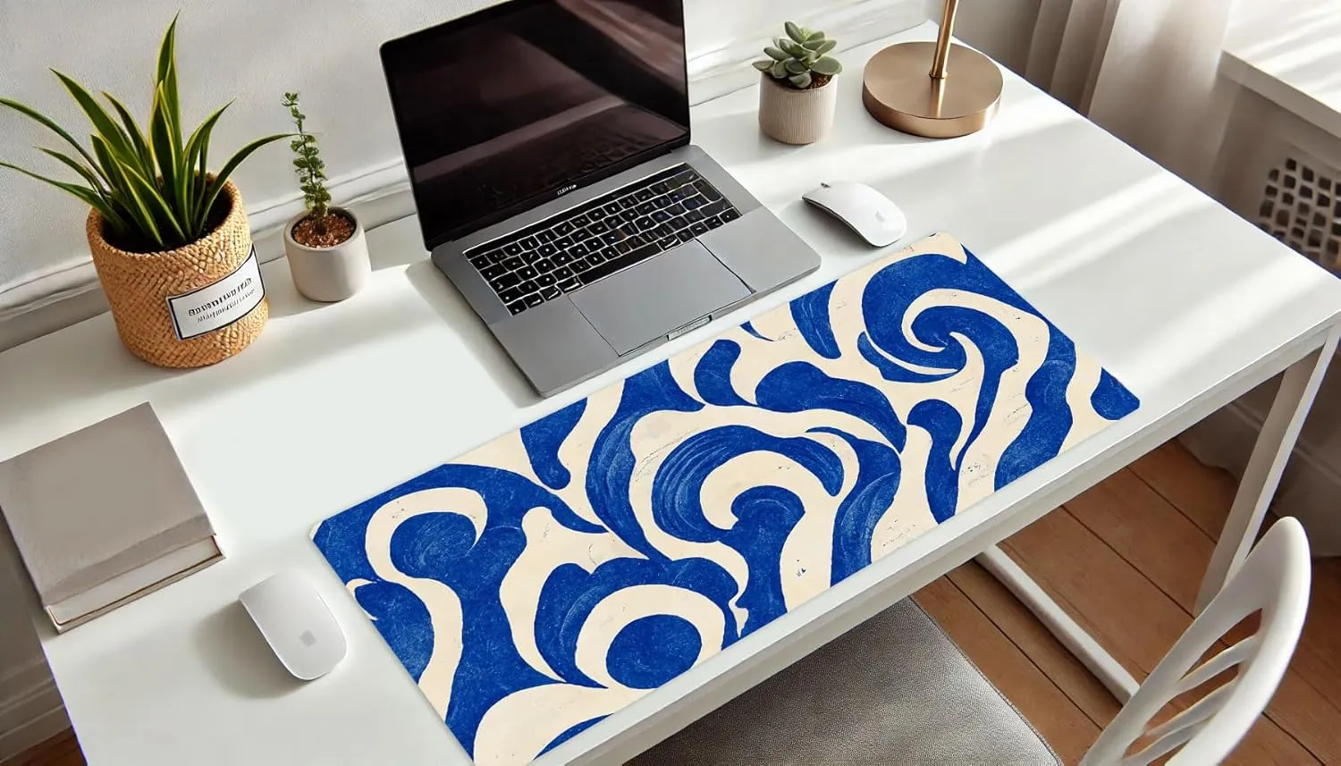 French KOKO Desk Mat, Large Desk Pad Large Mouse Pad Cute Desk Accessories Home Office Essentials XL Desk Mat Desk Pad Keyboard Mouse Desk Pads Computer Cute Women Girls (Blue Waves, 36" x 16.5")