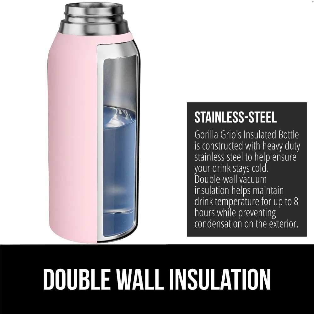 GORILLA GRIP Insulated Stainless Steel Water Bottle with Straw, Leak Proof BPA-Free Reusable Travel Bottles for Sports, School, Keep Drinks Cold, Dent Resistant Tumbler, Dishwasher Safe, 24 oz, Pink