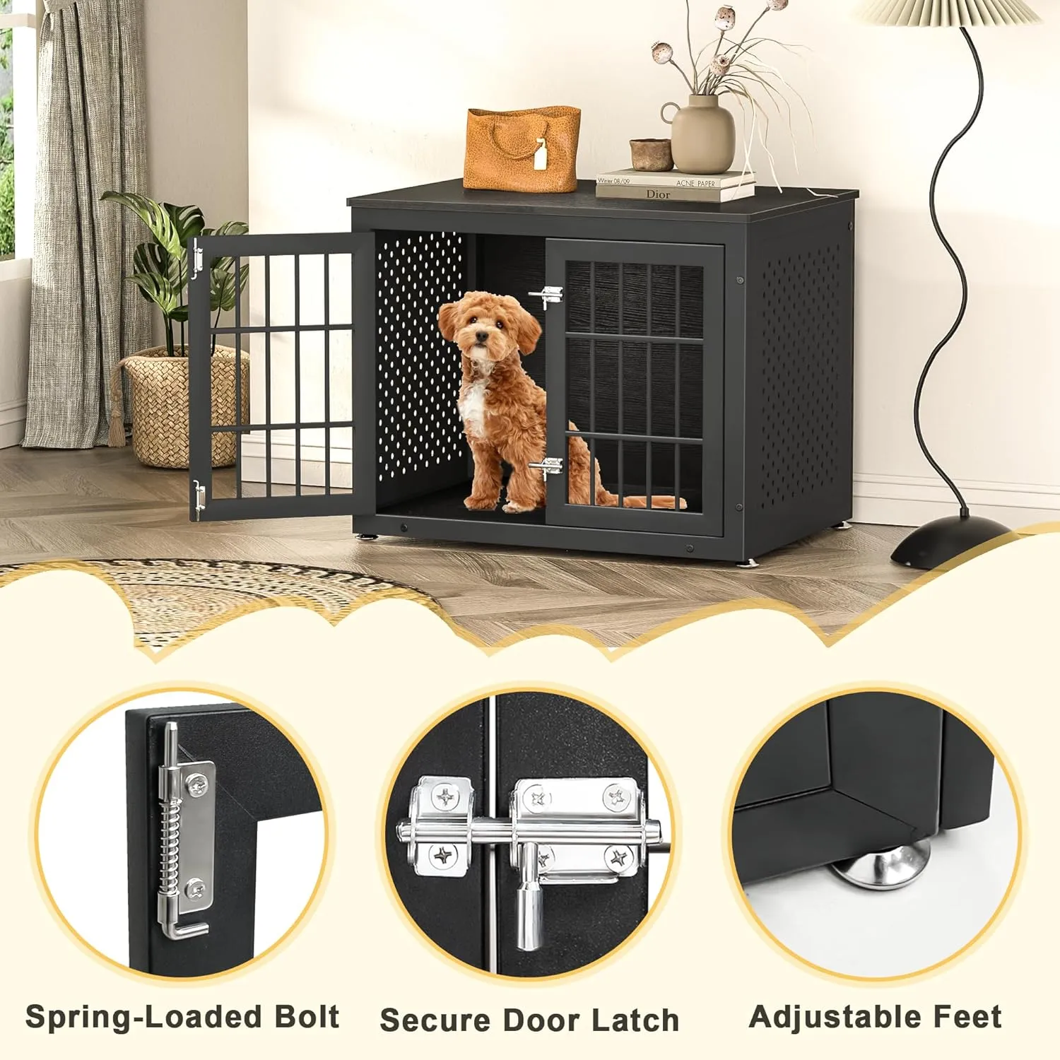 Heavy Duty Dog Crate Furniture for Small and Medium Dogs, Wooden Metal Kennel for High Anxiety Dogs, Chew Proof Pet House Indoor, Decorative Dog cage End Table