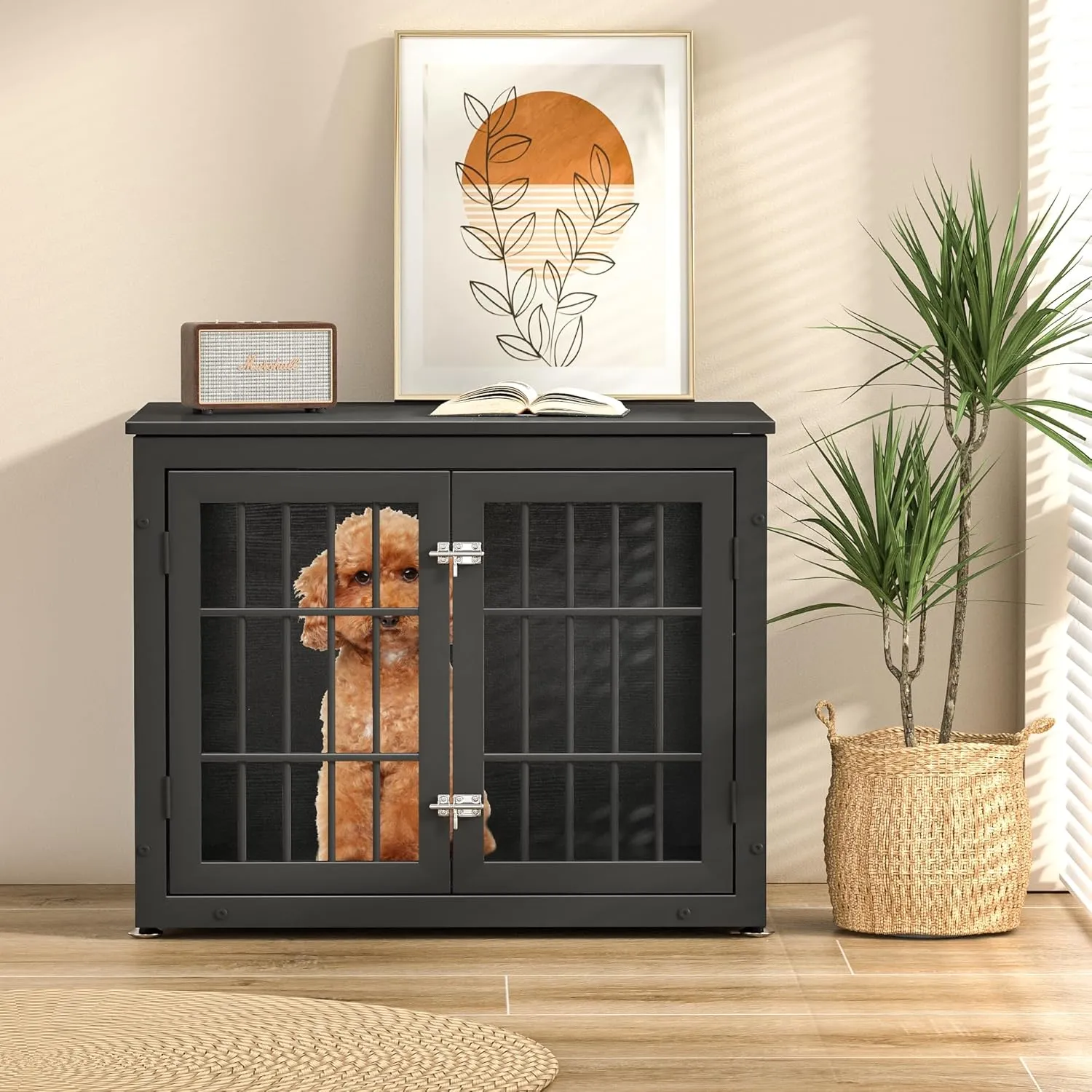 Heavy Duty Dog Crate Furniture for Small and Medium Dogs, Wooden Metal Kennel for High Anxiety Dogs, Chew Proof Pet House Indoor, Decorative Dog cage End Table