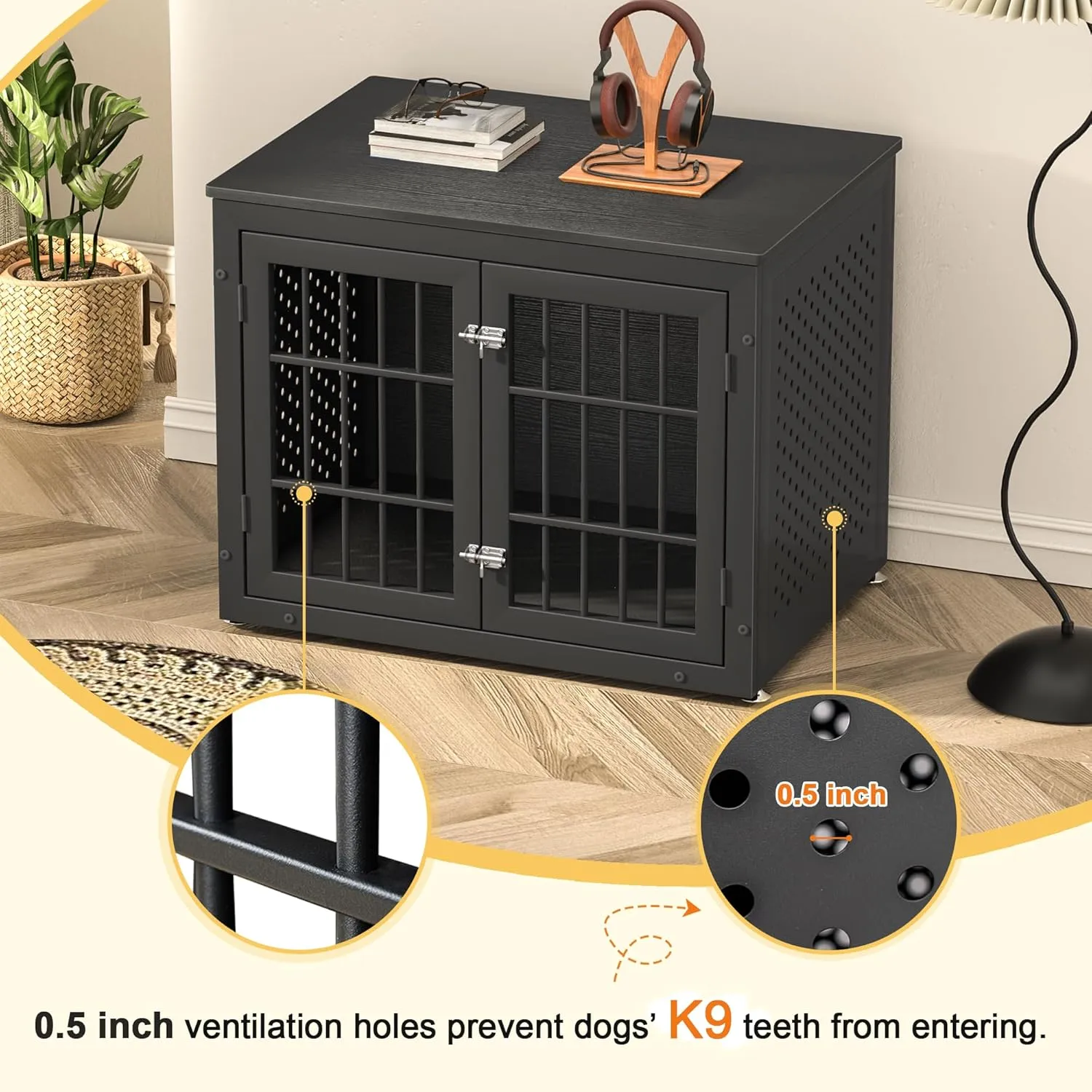 Heavy Duty Dog Crate Furniture for Small and Medium Dogs, Wooden Metal Kennel for High Anxiety Dogs, Chew Proof Pet House Indoor, Decorative Dog cage End Table
