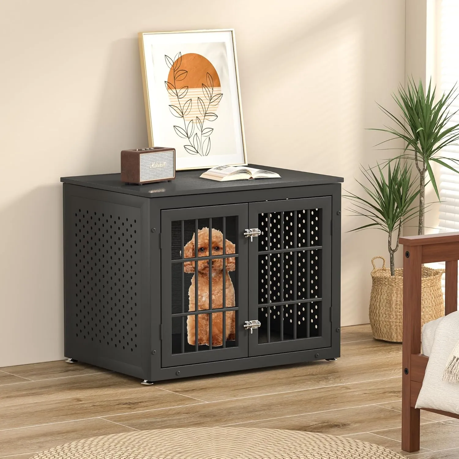 Heavy Duty Dog Crate Furniture for Small and Medium Dogs, Wooden Metal Kennel for High Anxiety Dogs, Chew Proof Pet House Indoor, Decorative Dog cage End Table