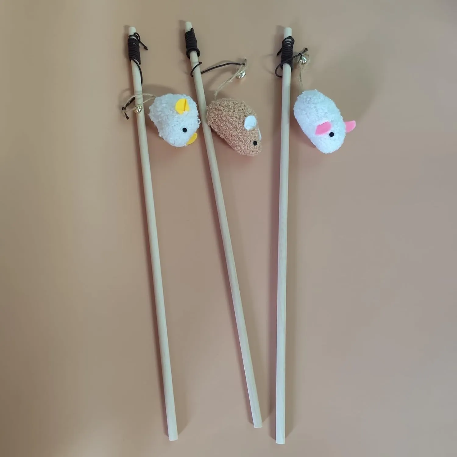 Interactive Cat Teaser Wand Plush Mice Toy with Bell, 3-Pack