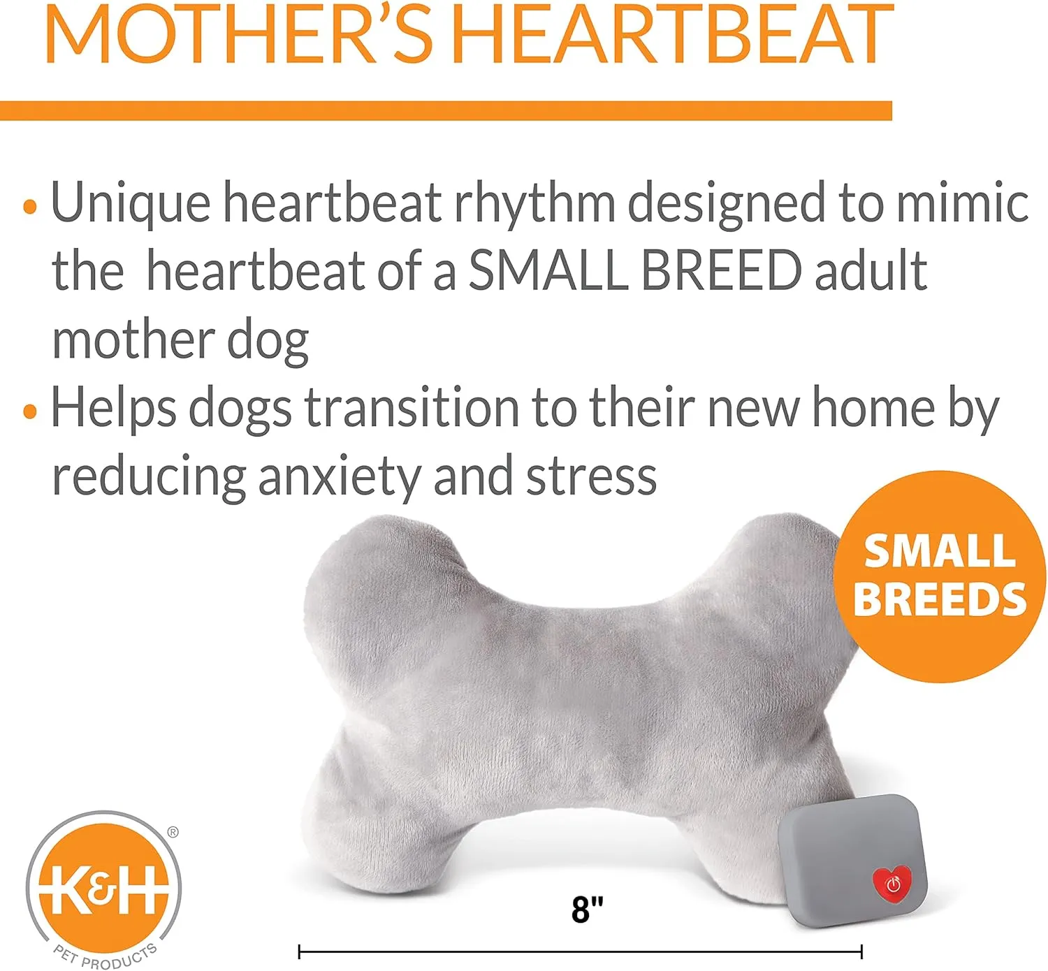 K&H Pet Products Mother's Heartbeat Calming Dog Toy Bone Pillow Gray Small Breed Heartbeat 8 Inch
