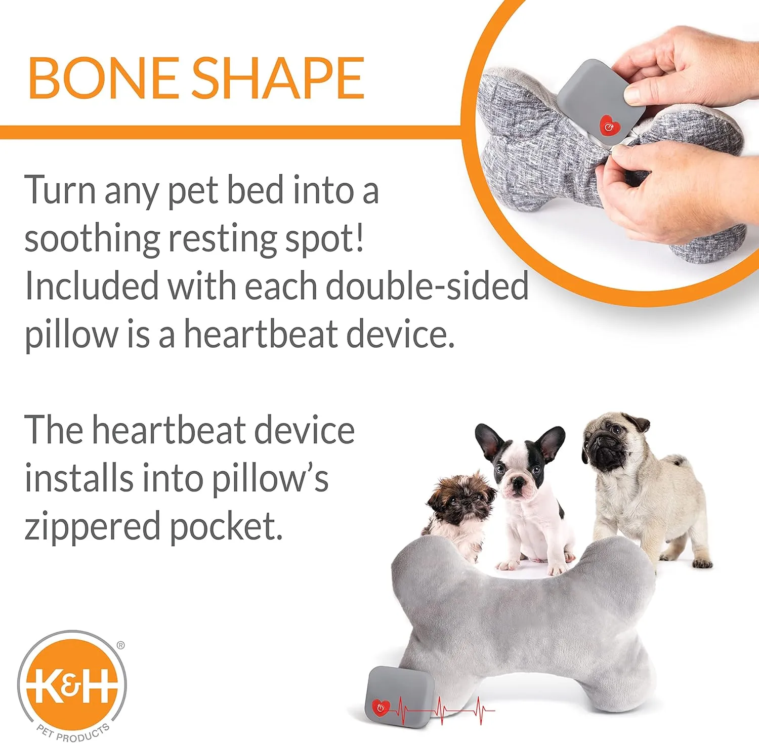 K&H Pet Products Mother's Heartbeat Calming Dog Toy Bone Pillow Gray Small Breed Heartbeat 8 Inch