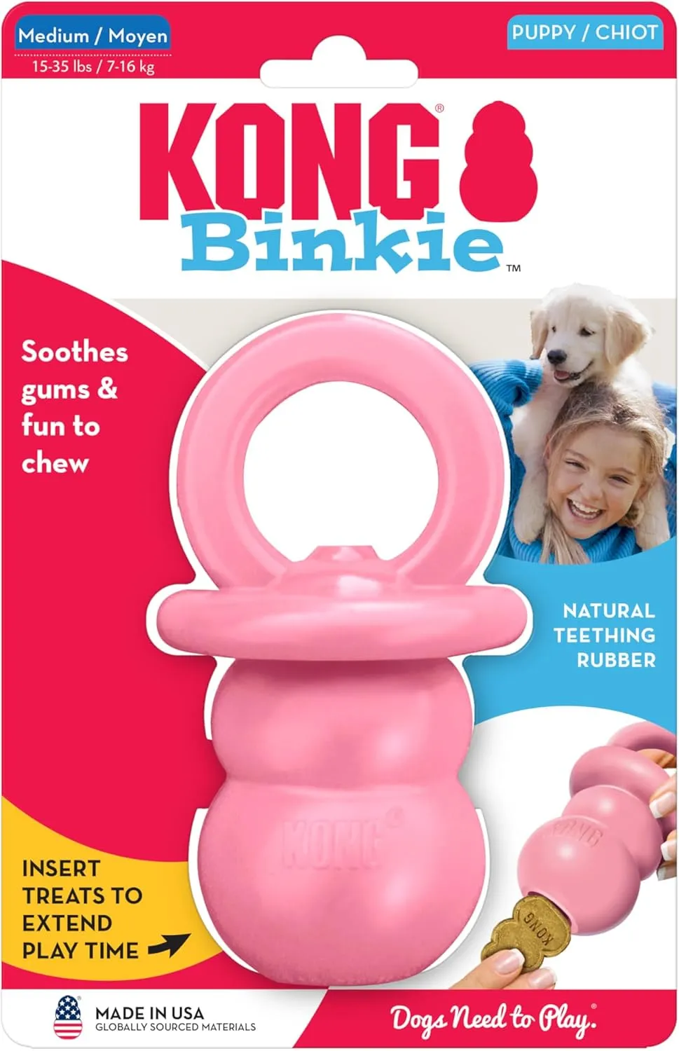KONG Puppy Binkie - Pacifier Dog Toy for Puppies - Stuffable Treat Chew Toy for Treats - Durable Natural Rubber for Teething Puppy - for Medium Puppies - Blue