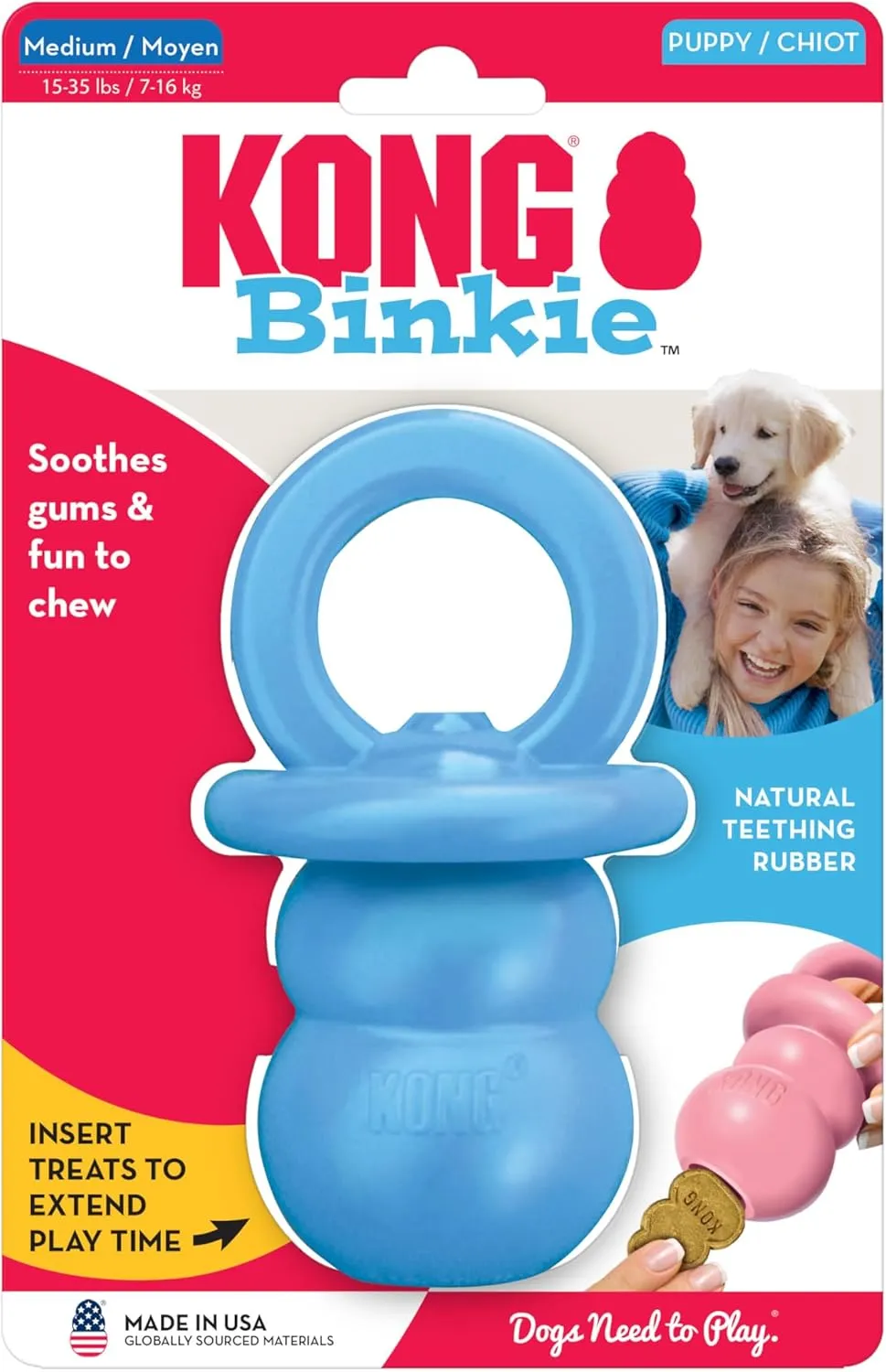 KONG Puppy Binkie - Pacifier Dog Toy for Puppies - Stuffable Treat Chew Toy for Treats - Durable Natural Rubber for Teething Puppy - for Medium Puppies - Blue