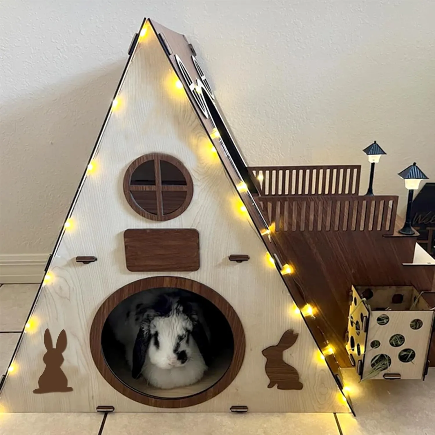 Large Modern Wooden Rabbit Castle House Hutch - Bunny Hideout Indoor Habitats - Pet 2-Story Home FurnitureExcluding Street Lights