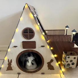 Large Modern Wooden Rabbit Castle House Hutch - Bunny Hideout Indoor Habitats - Pet 2-Story Home FurnitureExcluding Street Lights
