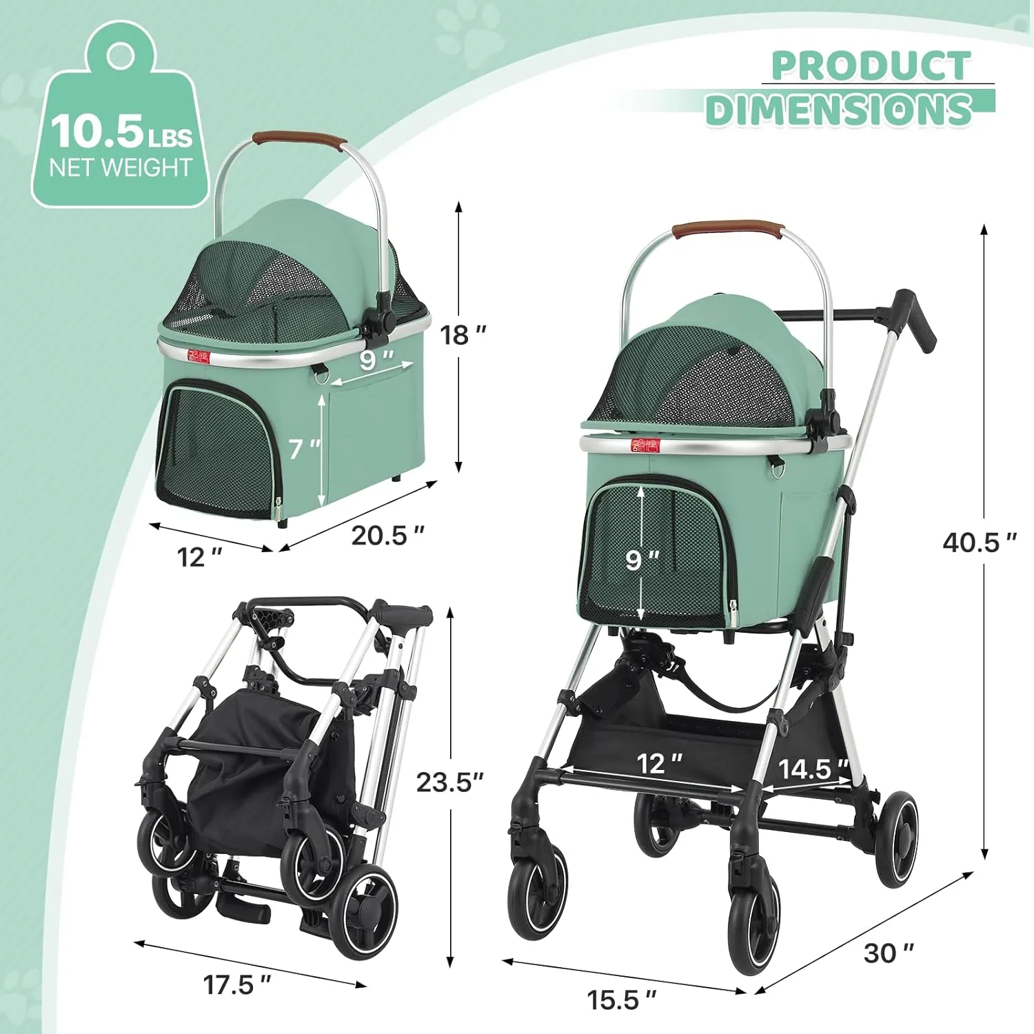 Magshion Dog Stroller for Small/Medium Dogs & Cats with Lightweight Aluminum Frame, 3-in-1 Foldable Pet Travel Jogger w/Detachable Carrier, Canopy, Storage Basket, Mint Green