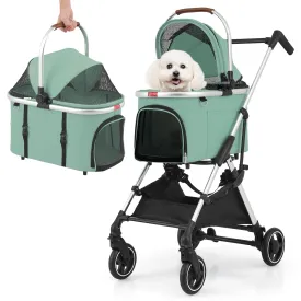 Magshion Dog Stroller for Small/Medium Dogs & Cats with Lightweight Aluminum Frame, 3-in-1 Foldable Pet Travel Jogger w/Detachable Carrier, Canopy, Storage Basket, Mint Green