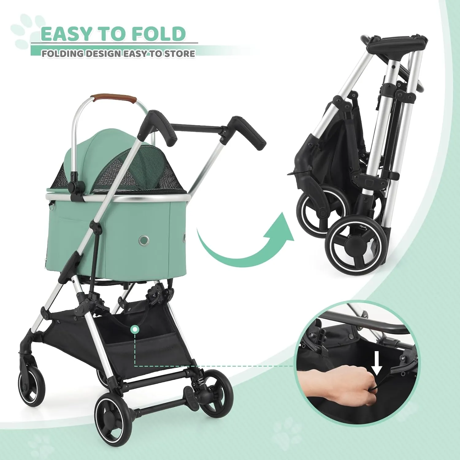Magshion Dog Stroller for Small/Medium Dogs & Cats with Lightweight Aluminum Frame, 3-in-1 Foldable Pet Travel Jogger w/Detachable Carrier, Canopy, Storage Basket, Mint Green