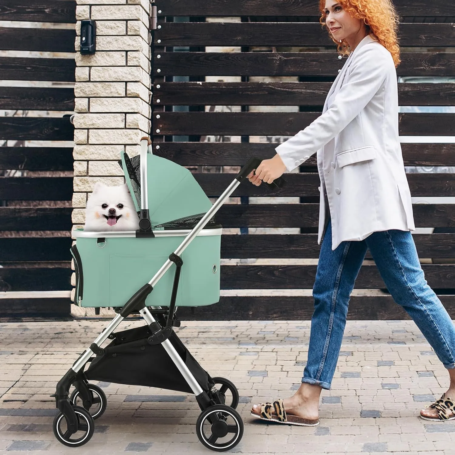 Magshion Dog Stroller for Small/Medium Dogs & Cats with Lightweight Aluminum Frame, 3-in-1 Foldable Pet Travel Jogger w/Detachable Carrier, Canopy, Storage Basket, Mint Green