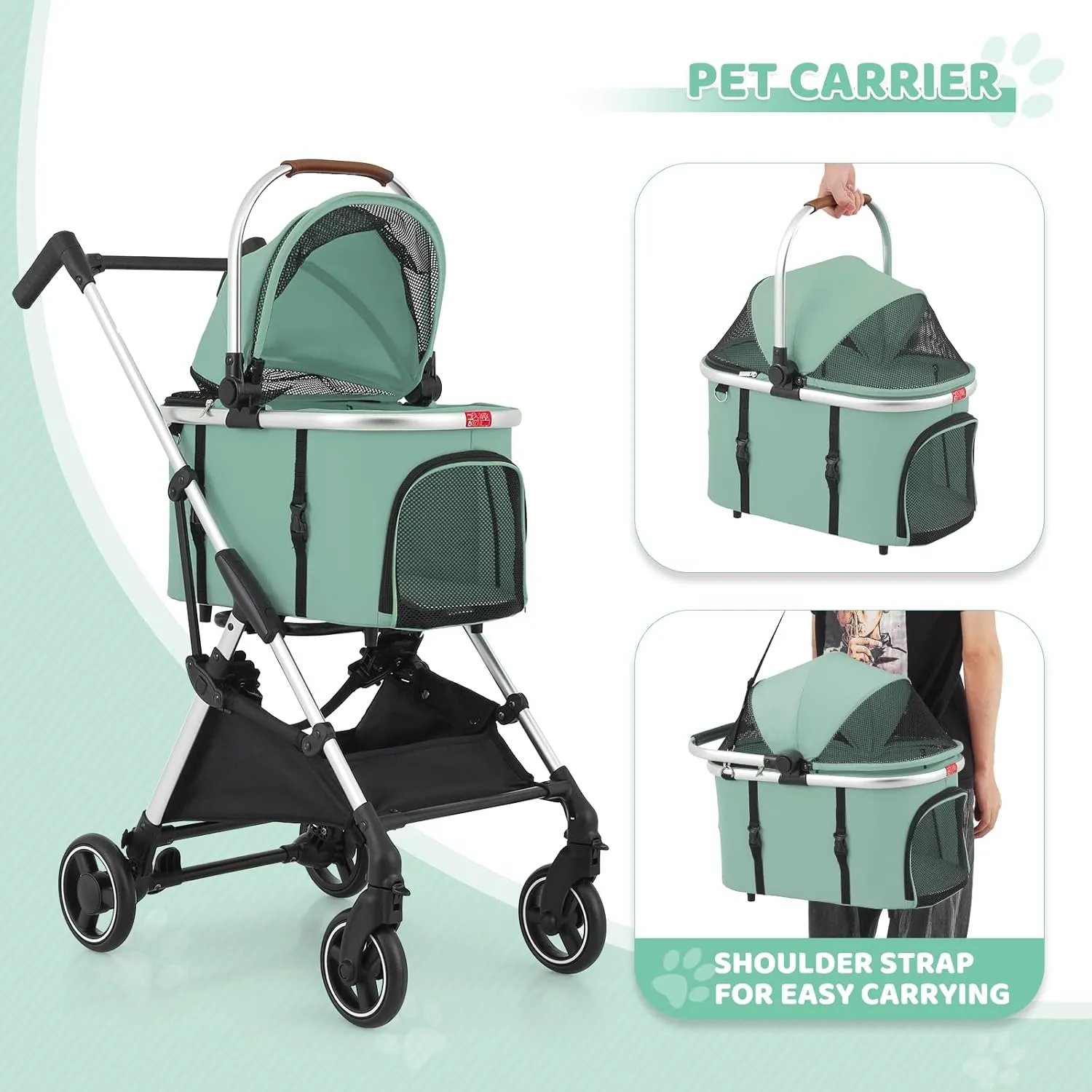 Magshion Dog Stroller for Small/Medium Dogs & Cats with Lightweight Aluminum Frame, 3-in-1 Foldable Pet Travel Jogger w/Detachable Carrier, Canopy, Storage Basket, Mint Green