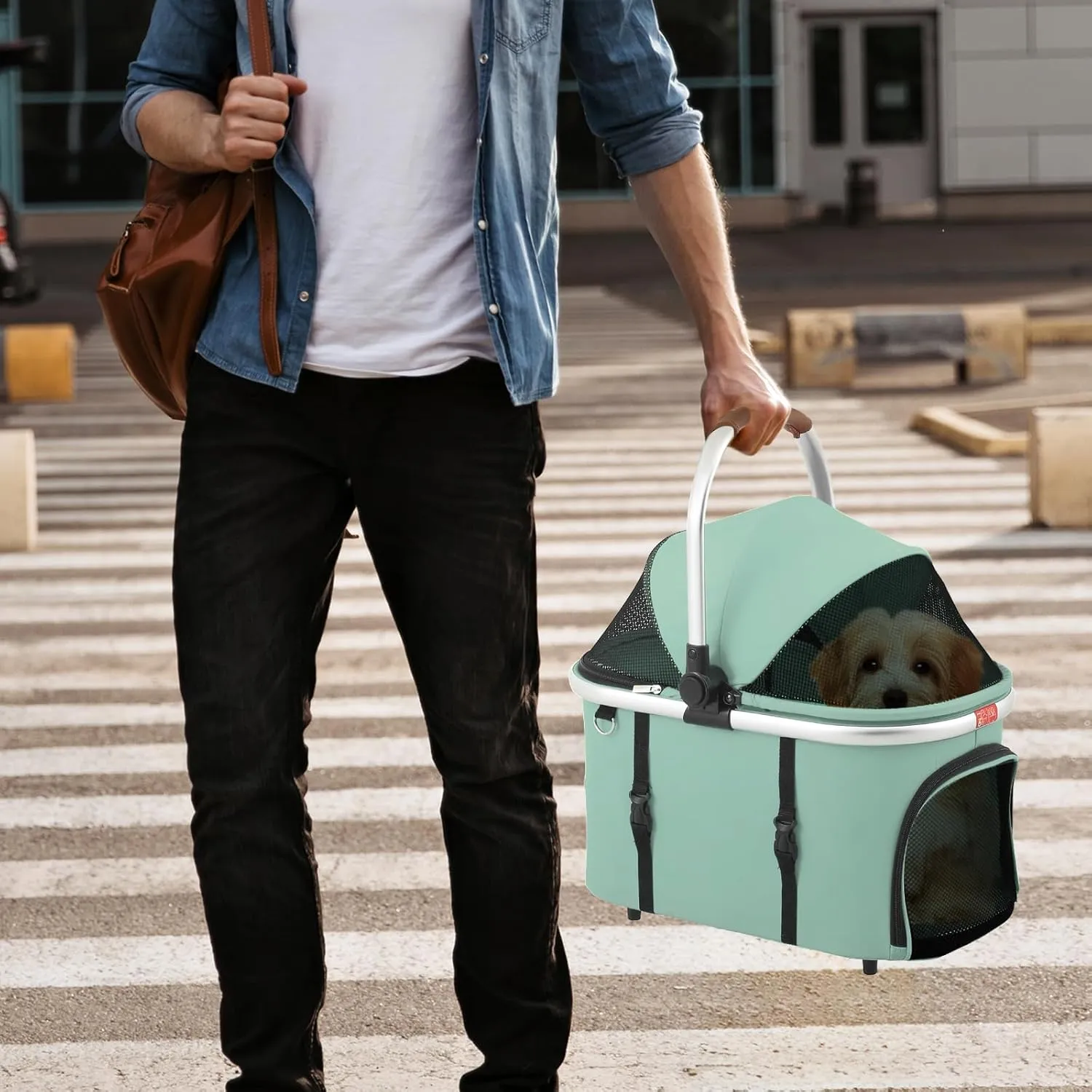 Magshion Dog Stroller for Small/Medium Dogs & Cats with Lightweight Aluminum Frame, 3-in-1 Foldable Pet Travel Jogger w/Detachable Carrier, Canopy, Storage Basket, Mint Green