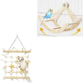 Natural Wooden Bird Perch & Sugar Glider Climbing Net Set - Interactive Rocking Toy and Chew-Resistant Hanging Net for Parrots Budgies Conures and Small Pets