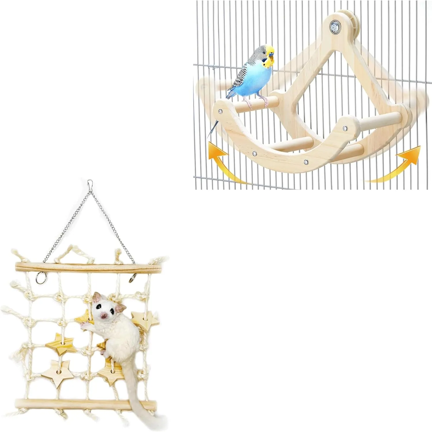 Natural Wooden Bird Perch & Sugar Glider Climbing Net Set - Interactive Rocking Toy and Chew-Resistant Hanging Net for Parrots Budgies Conures and Small Pets