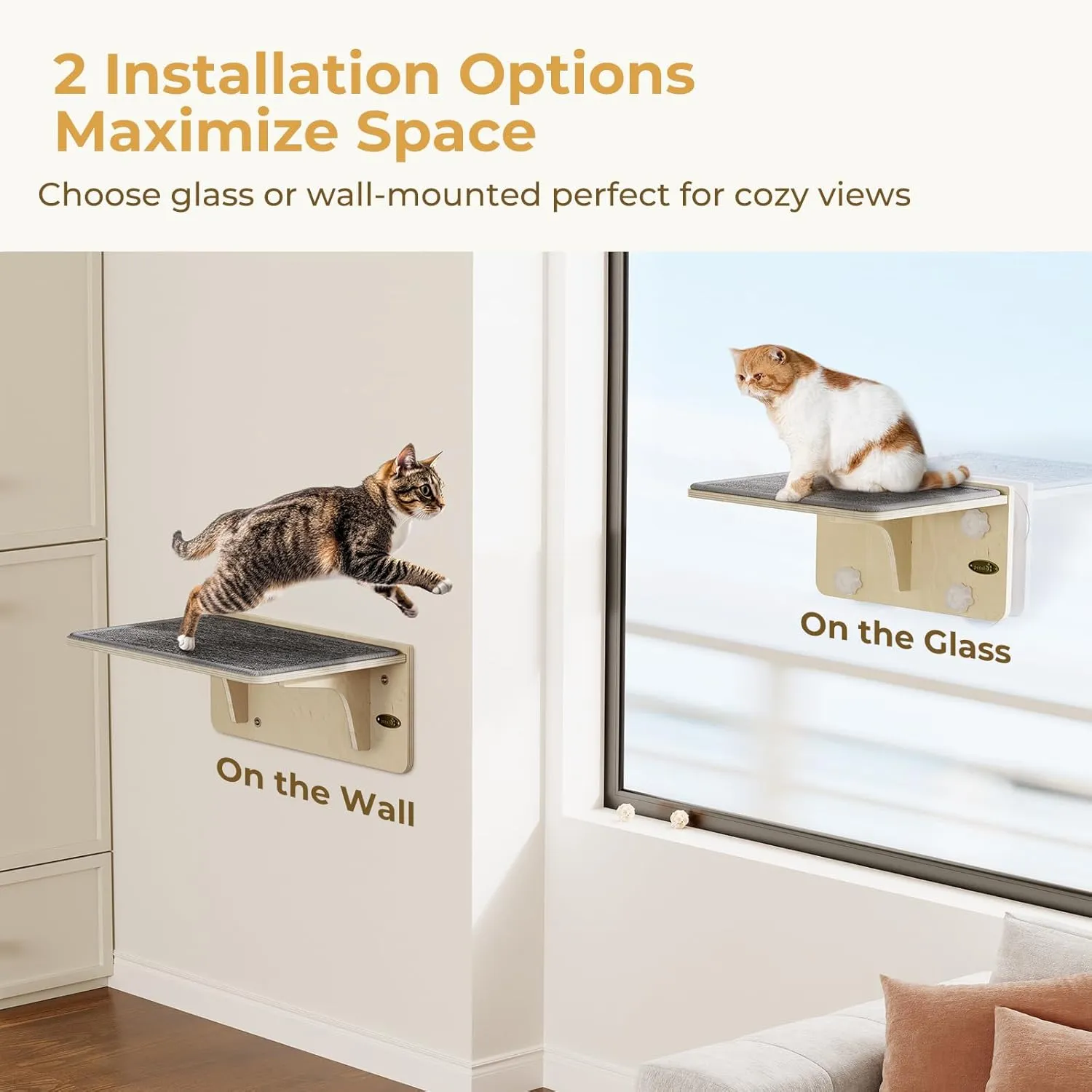 Pecute 2-in-1 Cat Window Perch & Wall Shelves - Sturdy Solid Wood Frame, 4 Large Rotating Suction Cups, Washable Carpet Cloth Cover, Space-Saving Indoor Cat Hammock Bed for Large Cats & Kittens