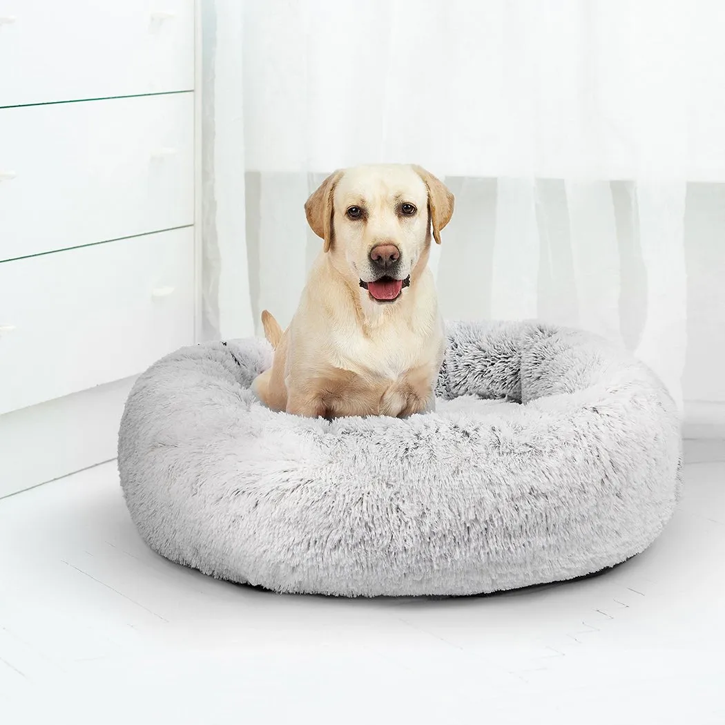 Pet Bed Cat Dog Donut Nest Calming Mat Soft Plush Kennel White with Coffee Hint XL