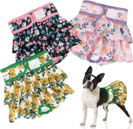 Pet Soft Female Dog Diapers - 3Pack Washable Dress-Style Dog Diapers Female for Girl Dog in Heat - Reusable Dog Period Panties|Puppy Diapers Female (Floral, L)