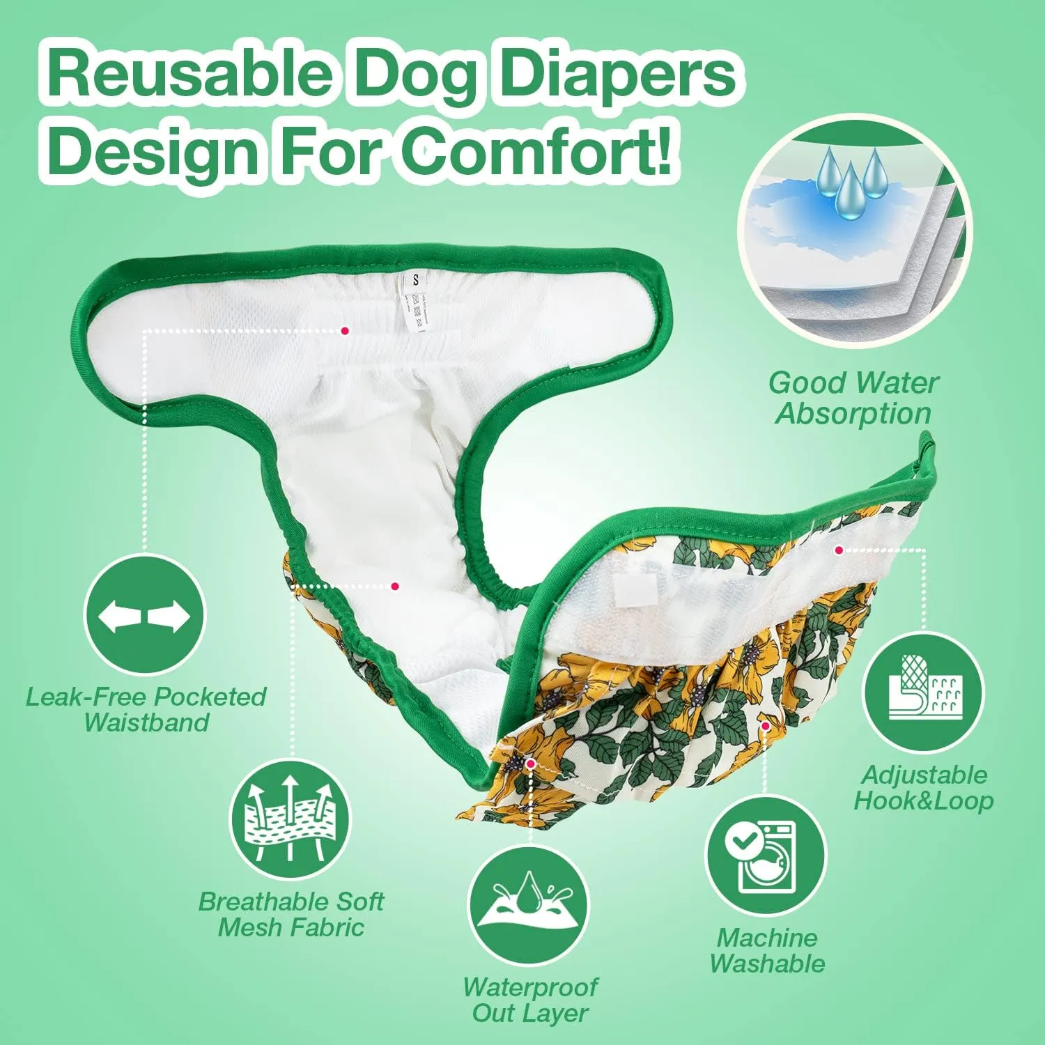 Pet Soft Female Dog Diapers - 3Pack Washable Dress-Style Dog Diapers Female for Girl Dog in Heat - Reusable Dog Period Panties|Puppy Diapers Female (Floral, L)