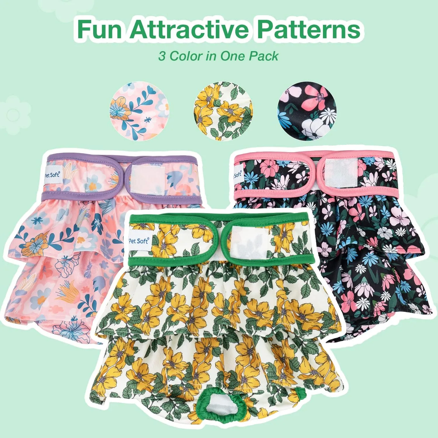 Pet Soft Female Dog Diapers - 3Pack Washable Dress-Style Dog Diapers Female for Girl Dog in Heat - Reusable Dog Period Panties|Puppy Diapers Female (Floral, L)
