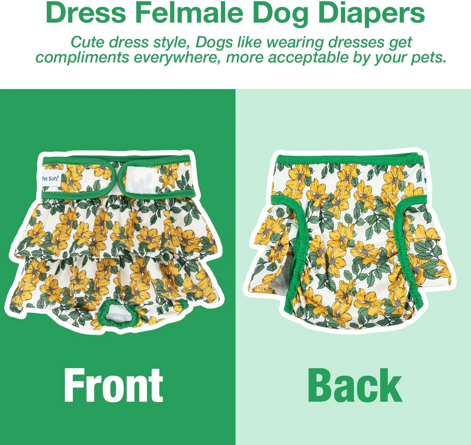Pet Soft Female Dog Diapers - 3Pack Washable Dress-Style Dog Diapers Female for Girl Dog in Heat - Reusable Dog Period Panties|Puppy Diapers Female (Floral, L)