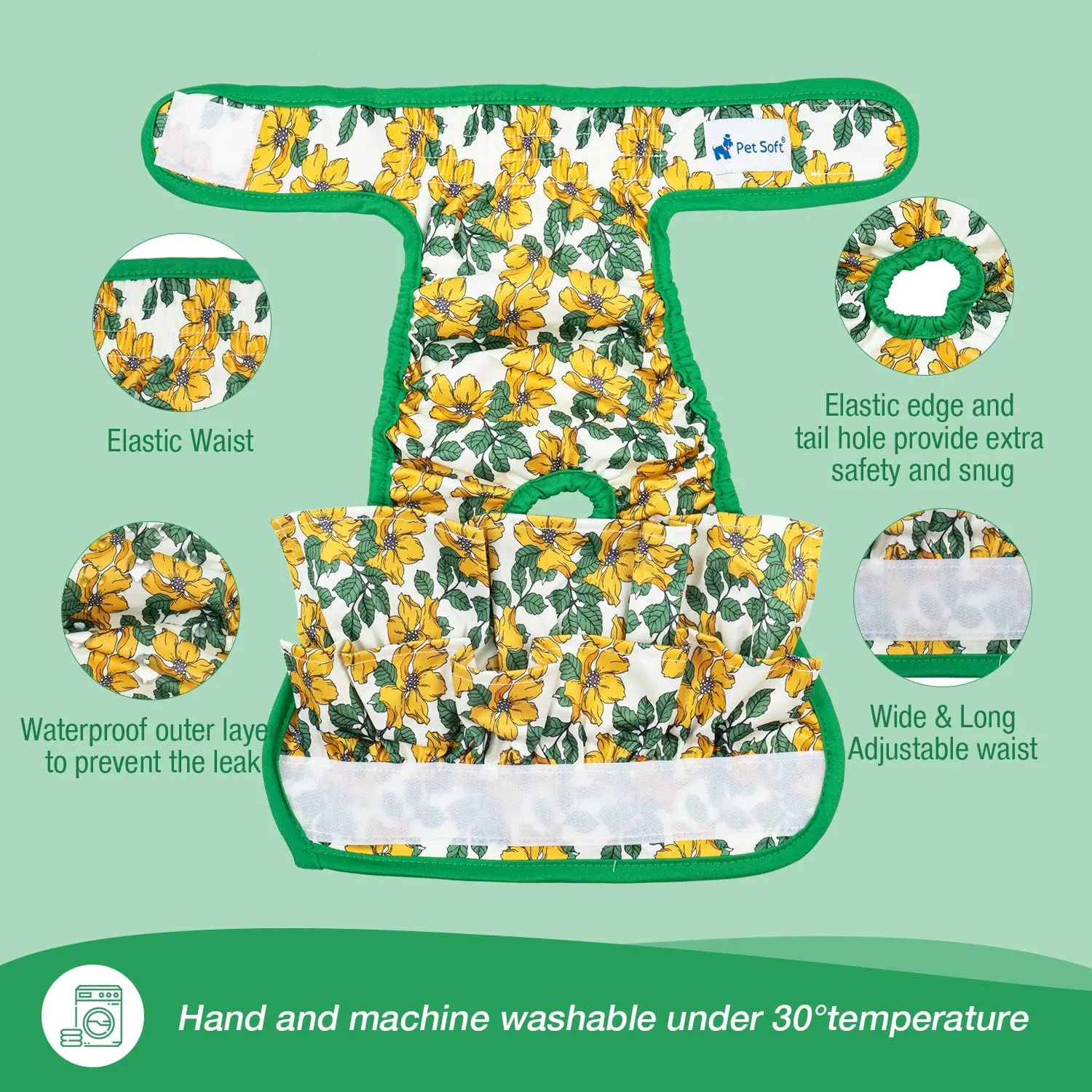 Pet Soft Female Dog Diapers - 3Pack Washable Dress-Style Dog Diapers Female for Girl Dog in Heat - Reusable Dog Period Panties|Puppy Diapers Female (Floral, L)