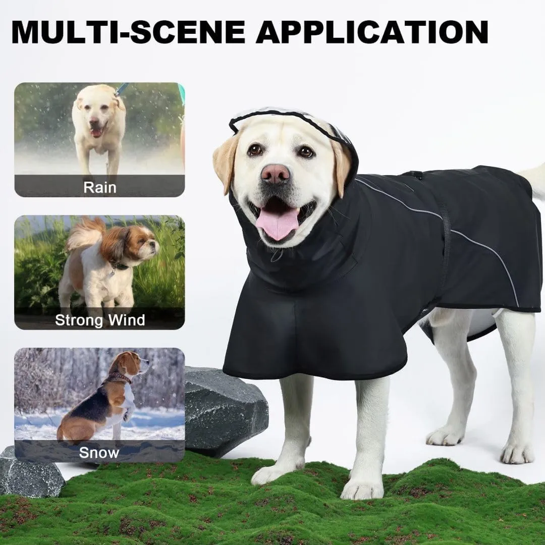PINA Dog Raincoat, Waterproof Dog Rain Jacket with Hood, Lightweight Pet Rain Jacket with Leash Hole, Dog Poncho with Reflective Strap and Transparent Hat Brim for Wet Weather, Black