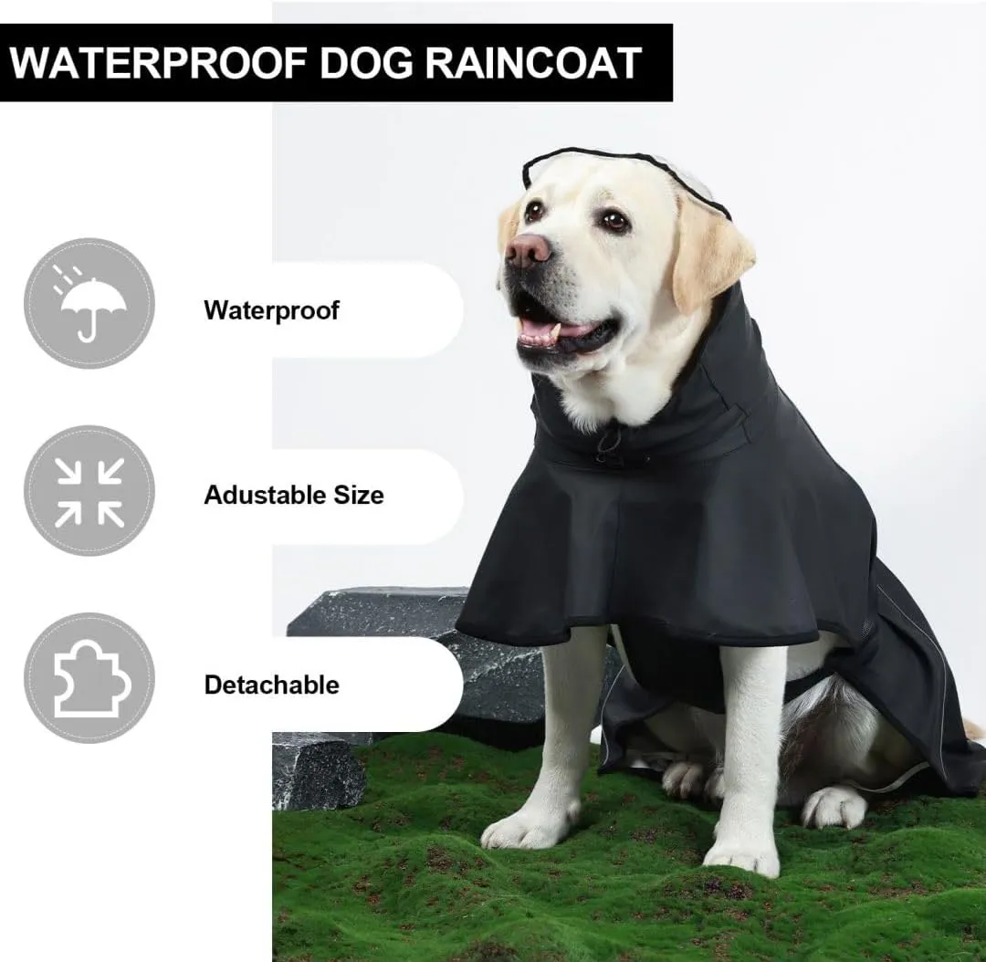 PINA Dog Raincoat, Waterproof Dog Rain Jacket with Hood, Lightweight Pet Rain Jacket with Leash Hole, Dog Poncho with Reflective Strap and Transparent Hat Brim for Wet Weather, Black