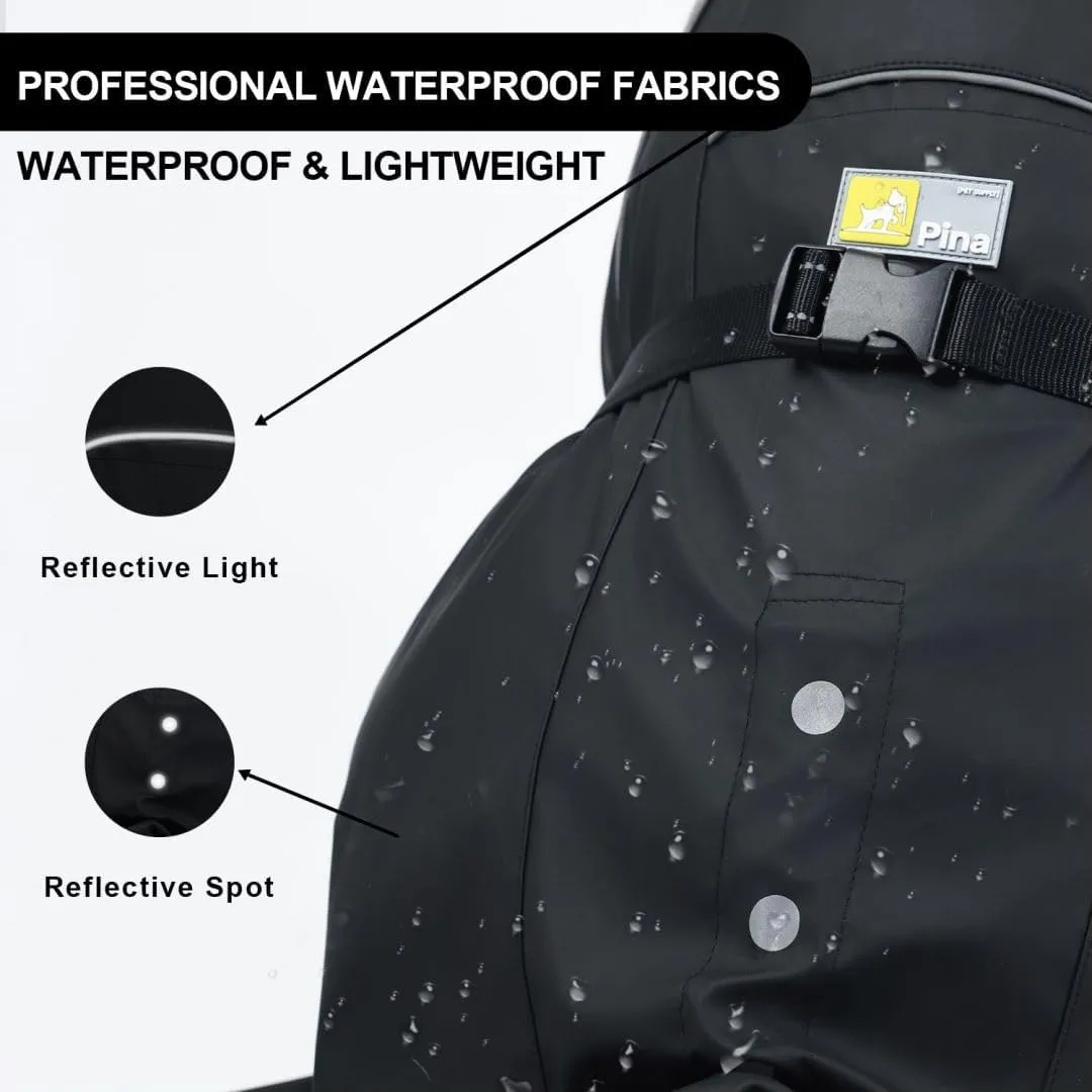 PINA Dog Raincoat, Waterproof Dog Rain Jacket with Hood, Lightweight Pet Rain Jacket with Leash Hole, Dog Poncho with Reflective Strap and Transparent Hat Brim for Wet Weather, Black