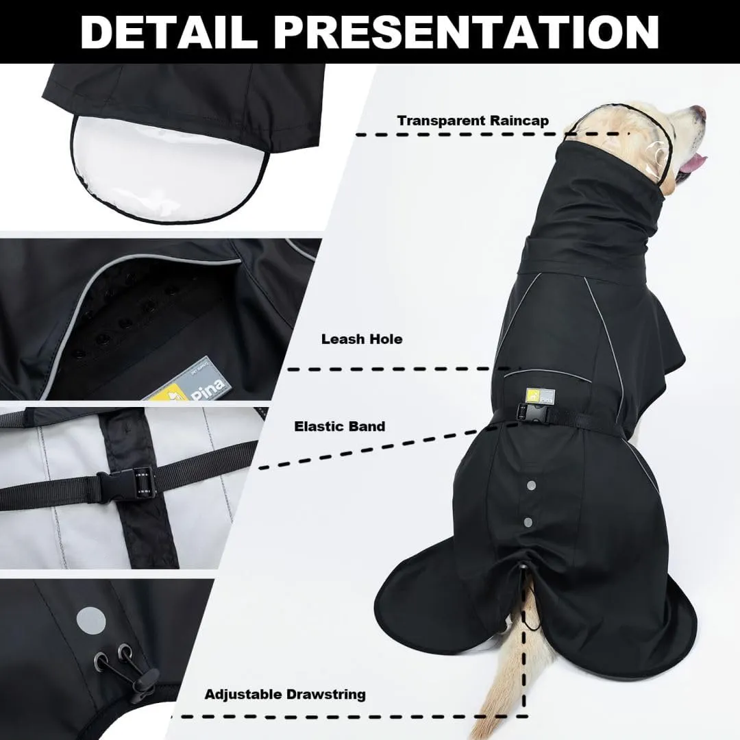 PINA Dog Raincoat, Waterproof Dog Rain Jacket with Hood, Lightweight Pet Rain Jacket with Leash Hole, Dog Poncho with Reflective Strap and Transparent Hat Brim for Wet Weather, Black