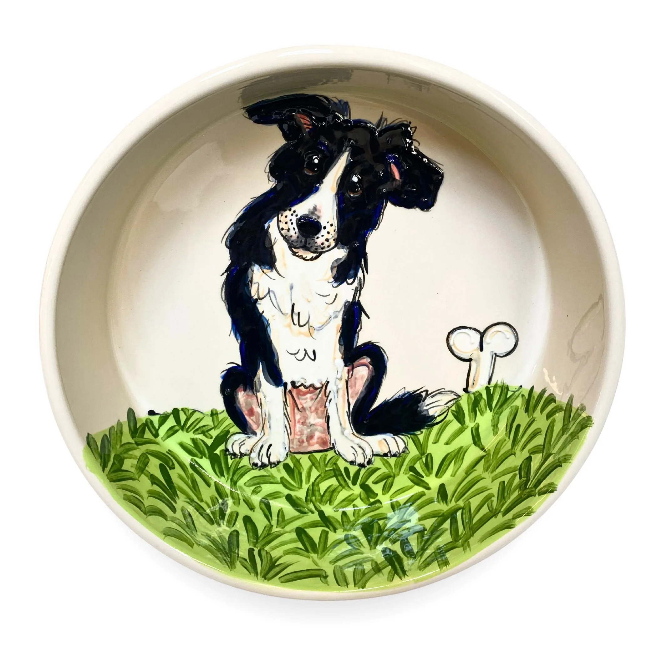 "Mischief in the Meadow" Hand-Painted Border Collie Bowl - "Countryside Canine" Collection
