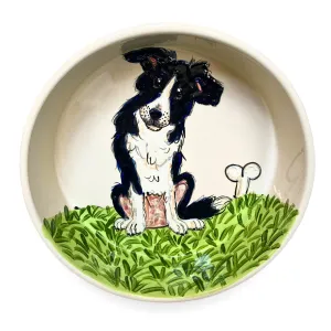 "Mischief in the Meadow" Hand-Painted Border Collie Bowl - "Countryside Canine" Collection