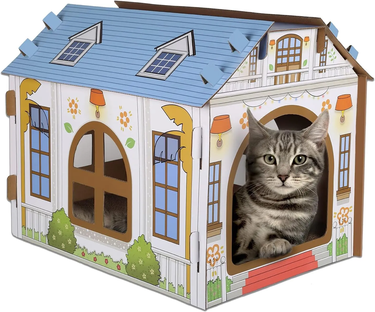 SEKAM Cardboard Cat House with Scratcher/Catnip (16.5''L x 12''W x 13''H), Play House for Indoor Cats Cat Scratching Box & Hideaway Furniture, Hideout for Small Animals
