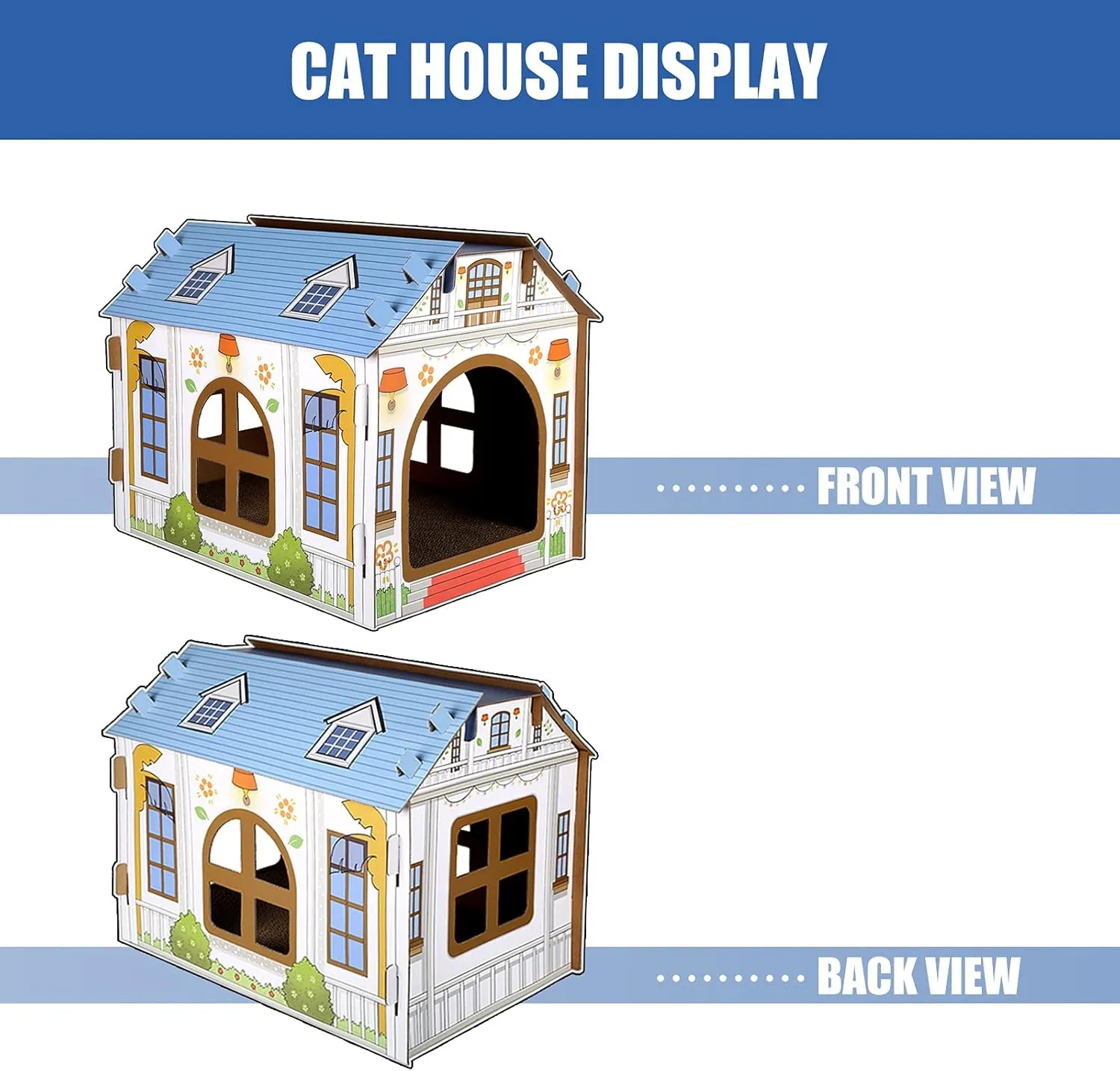 SEKAM Cardboard Cat House with Scratcher/Catnip (16.5''L x 12''W x 13''H), Play House for Indoor Cats Cat Scratching Box & Hideaway Furniture, Hideout for Small Animals