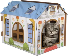 SEKAM Cardboard Cat House with Scratcher/Catnip (16.5''L x 12''W x 13''H), Play House for Indoor Cats Cat Scratching Box & Hideaway Furniture, Hideout for Small Animals