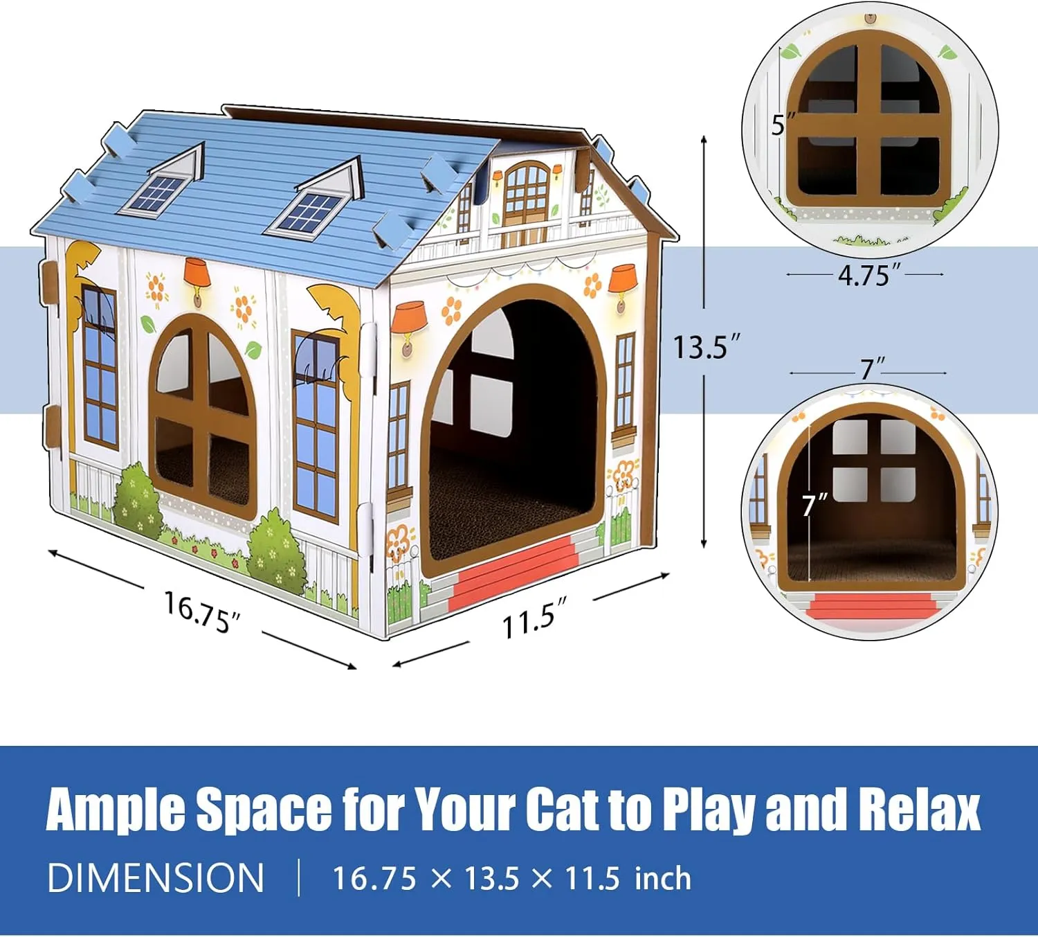 SEKAM Cardboard Cat House with Scratcher/Catnip (16.5''L x 12''W x 13''H), Play House for Indoor Cats Cat Scratching Box & Hideaway Furniture, Hideout for Small Animals