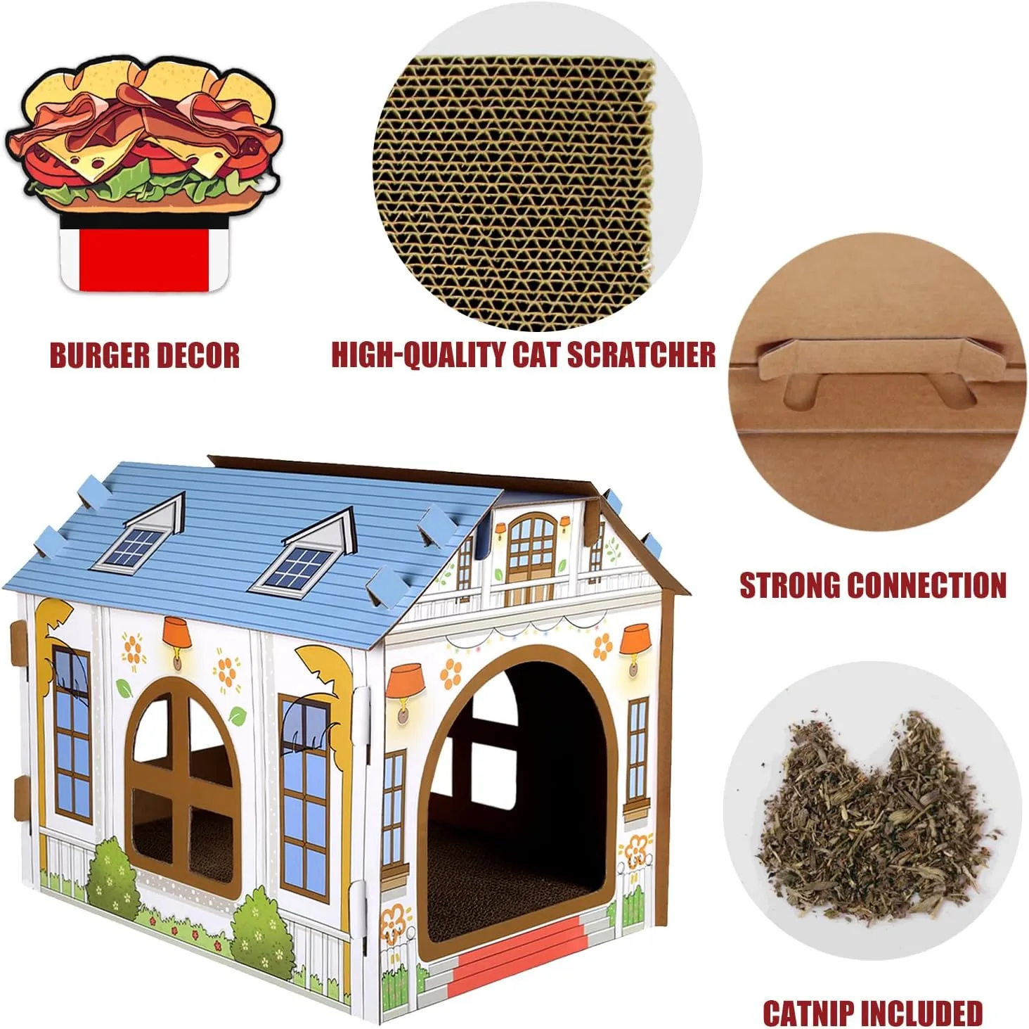 SEKAM Cardboard Cat House with Scratcher/Catnip (16.5''L x 12''W x 13''H), Play House for Indoor Cats Cat Scratching Box & Hideaway Furniture, Hideout for Small Animals