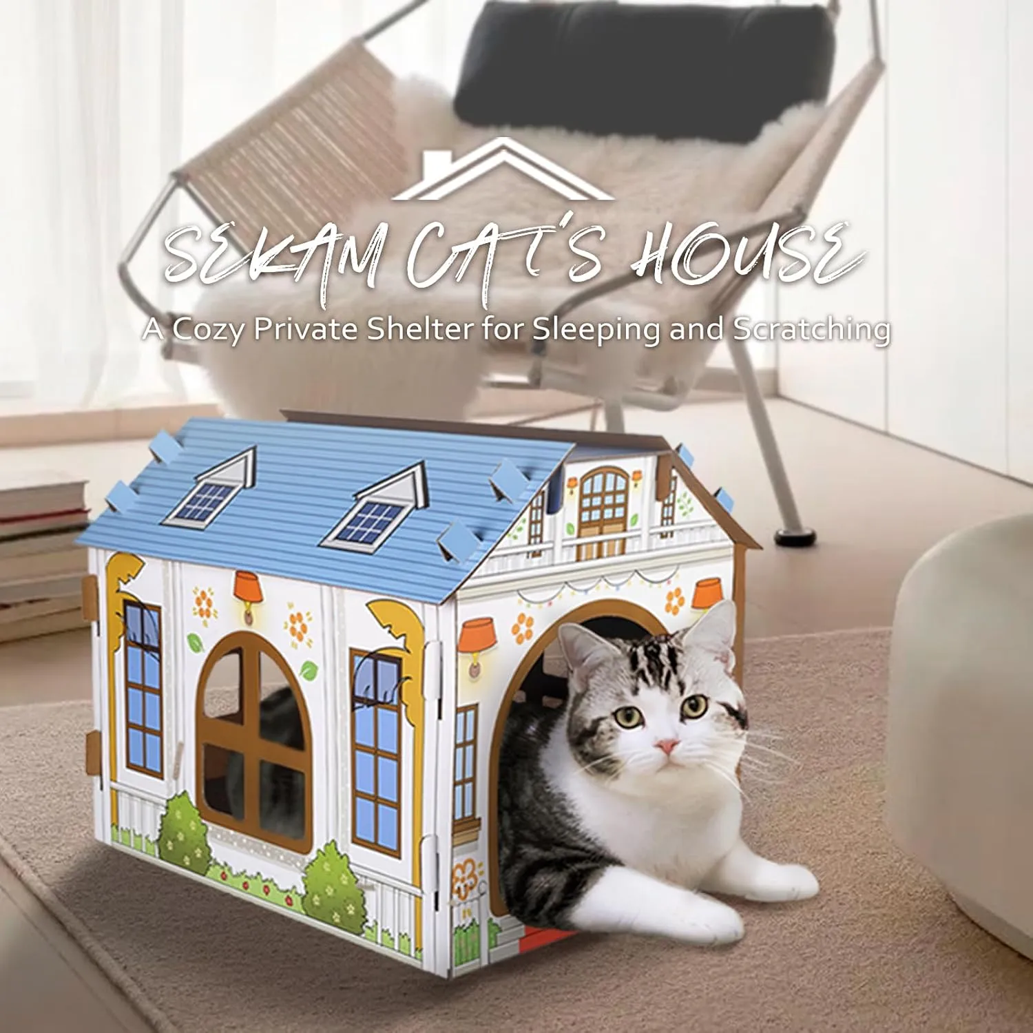 SEKAM Cardboard Cat House with Scratcher/Catnip (16.5''L x 12''W x 13''H), Play House for Indoor Cats Cat Scratching Box & Hideaway Furniture, Hideout for Small Animals