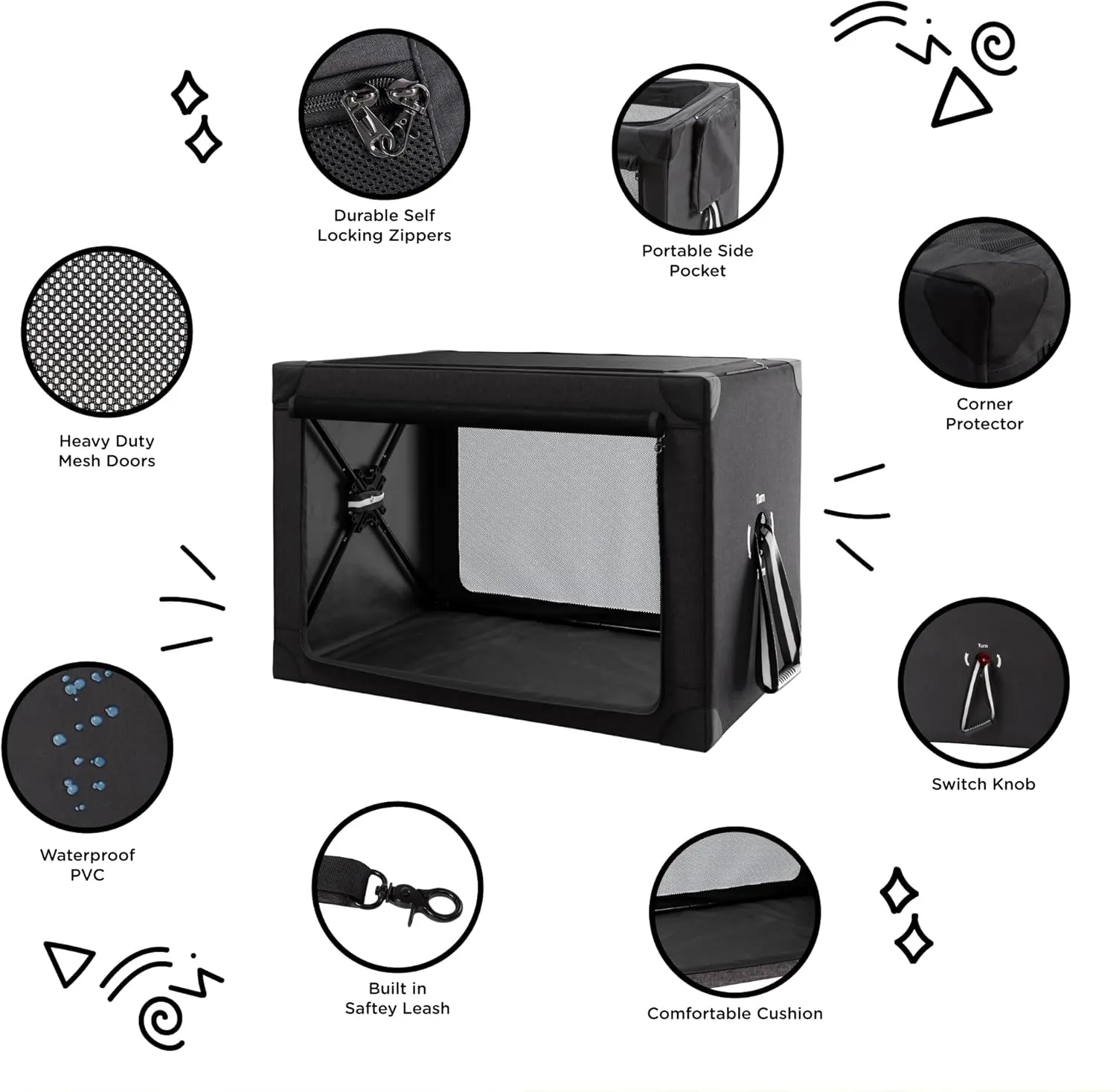 Travel Dog Crate - 37 Inch Collapsible Portable Foldable Crates for Large Dogs with Detachable Storage Bag, Removable Pad, and Mesh Windows for Outdoor & Indoor (Black)