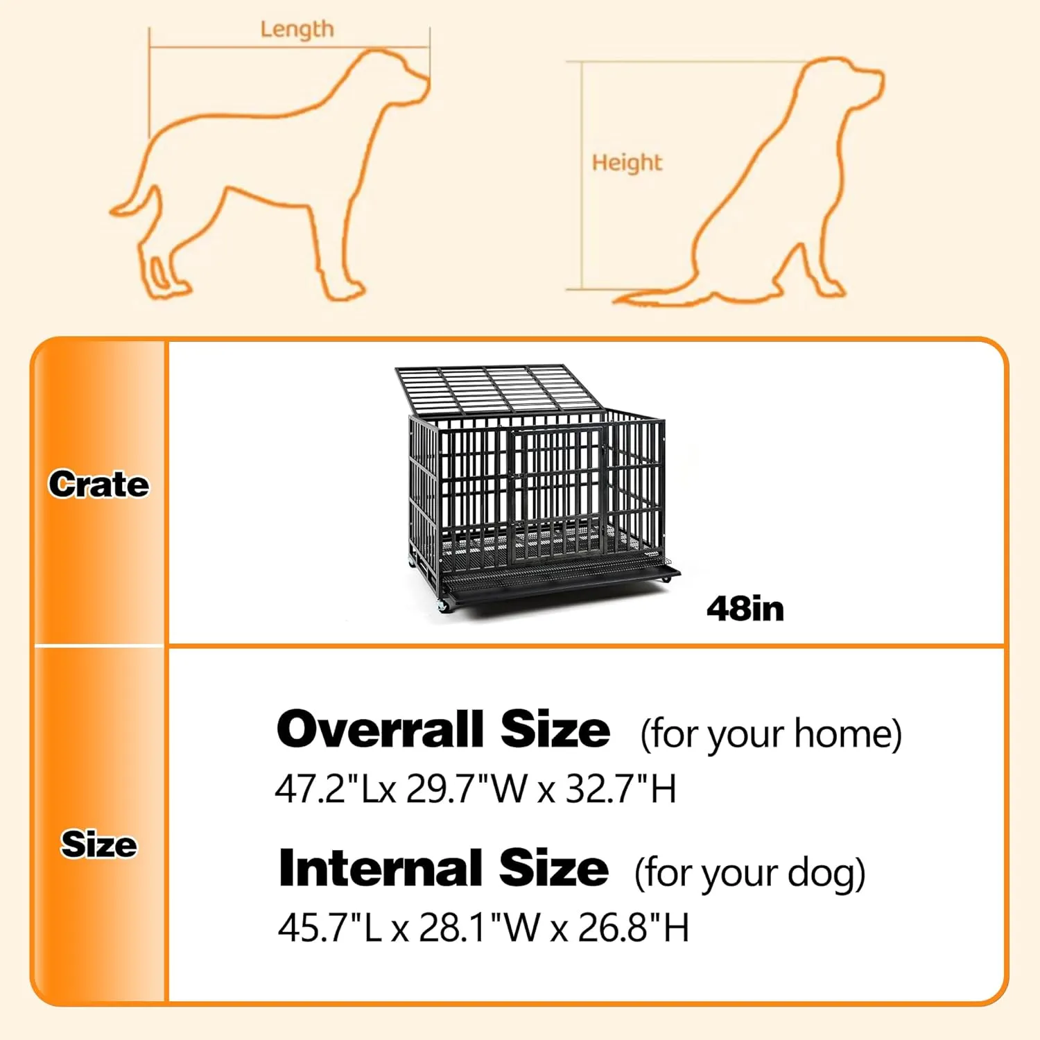 Upgrade 48 Inch Heavy Duty Indestructible XL Dog Crate Steel Escape Proof, Indoor Double Door High Anxiety Cage, Kennel with Wheels, Removable Tray, Extra Large XL XXL