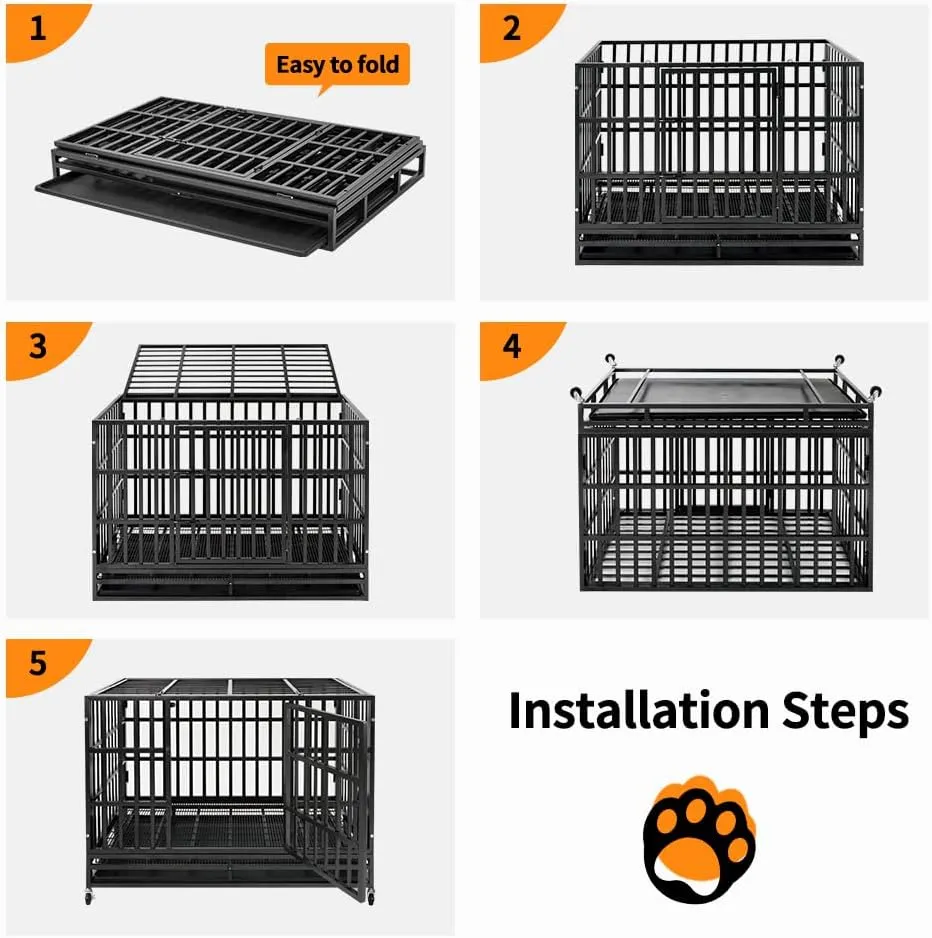 Upgrade 48 Inch Heavy Duty Indestructible XL Dog Crate Steel Escape Proof, Indoor Double Door High Anxiety Cage, Kennel with Wheels, Removable Tray, Extra Large XL XXL