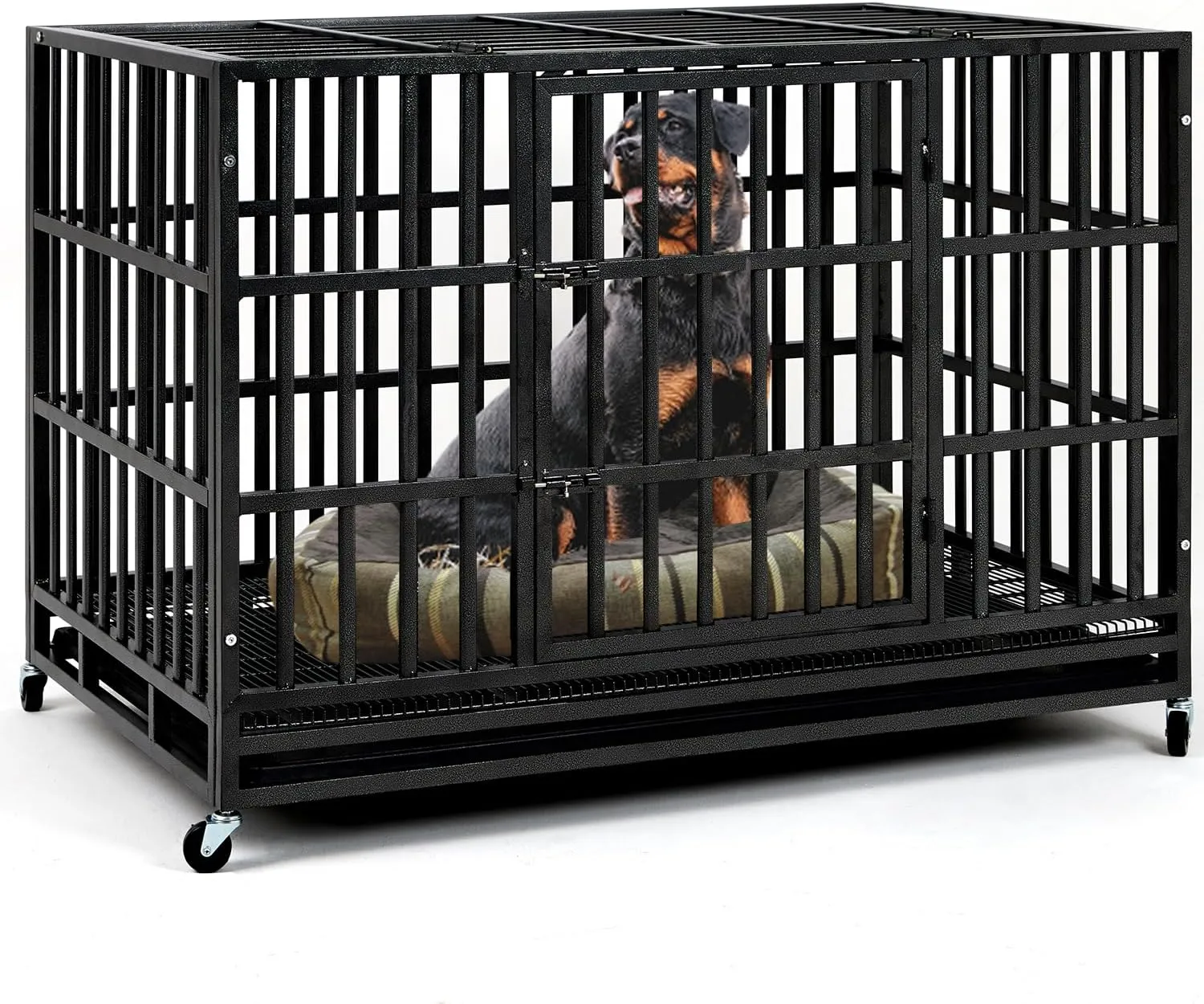 Upgrade 48 Inch Heavy Duty Indestructible XL Dog Crate Steel Escape Proof, Indoor Double Door High Anxiety Cage, Kennel with Wheels, Removable Tray, Extra Large XL XXL