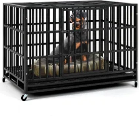 Upgrade 48 Inch Heavy Duty Indestructible XL Dog Crate Steel Escape Proof, Indoor Double Door High Anxiety Cage, Kennel with Wheels, Removable Tray, Extra Large XL XXL