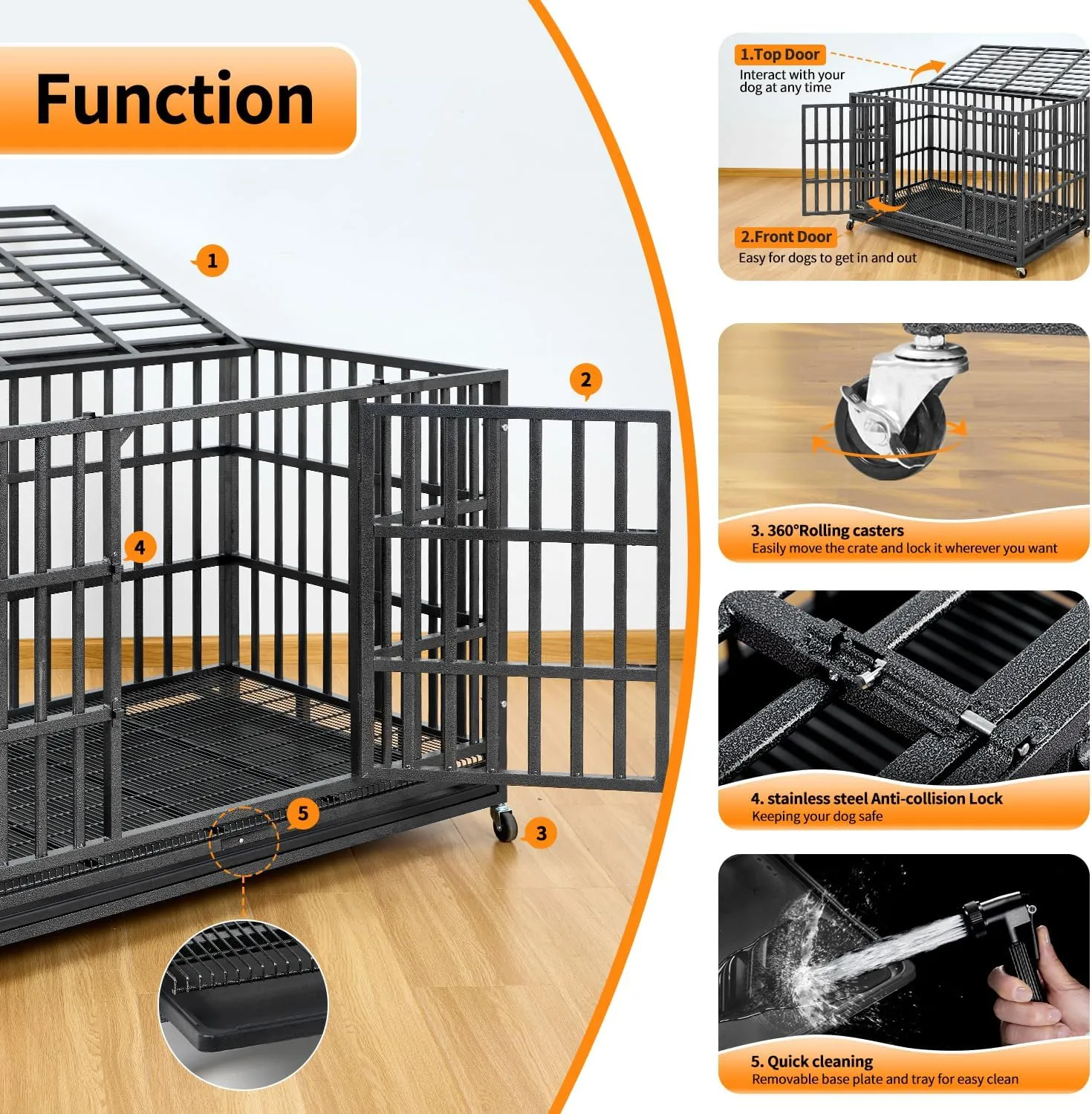 Upgrade 48 Inch Heavy Duty Indestructible XL Dog Crate Steel Escape Proof, Indoor Double Door High Anxiety Cage, Kennel with Wheels, Removable Tray, Extra Large XL XXL
