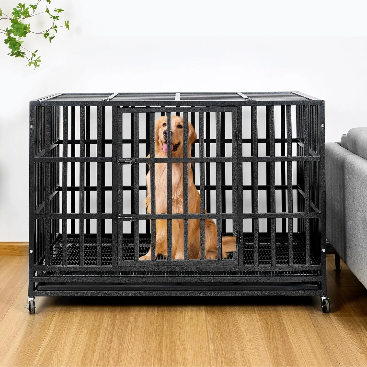Upgrade 48 Inch Heavy Duty Indestructible XL Dog Crate Steel Escape Proof, Indoor Double Door High Anxiety Cage, Kennel with Wheels, Removable Tray, Extra Large XL XXL