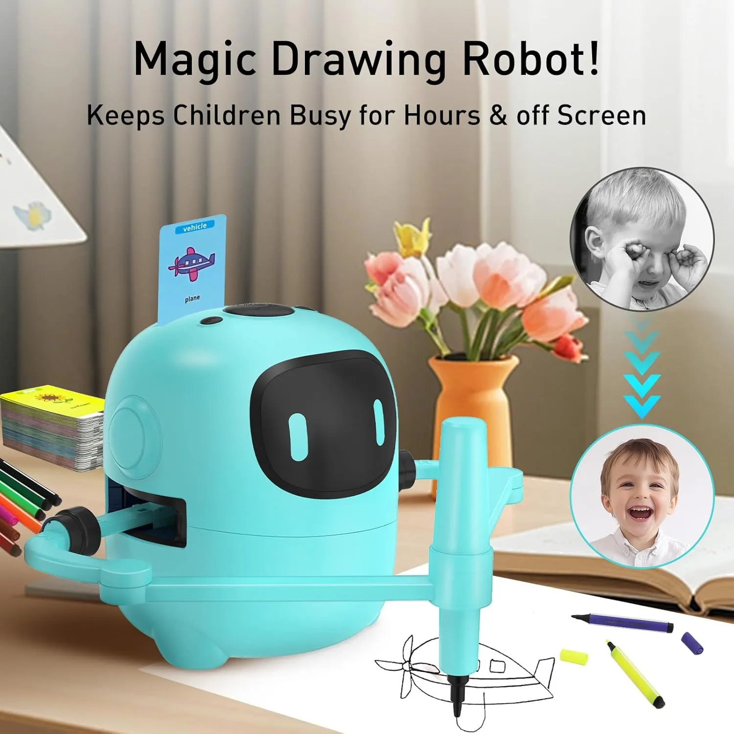 Upgraded Drawing Robot for Kids,Magic Drawing Robot with Cards,Interactive Montessori & Screen-Free Smart Robot Drawing Machine,Creative STEM Toy for 3-10 Aged Chidren GiftBlue-Black