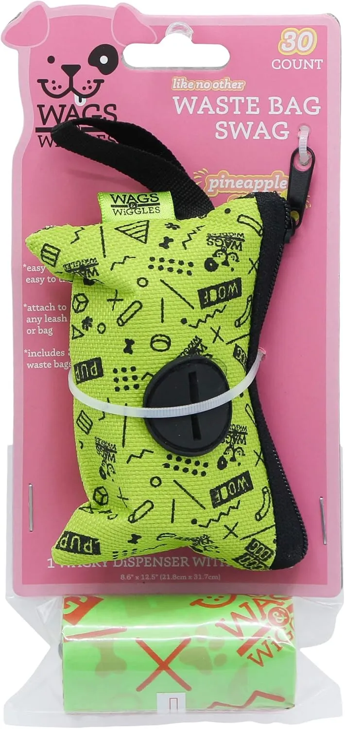 Wags & Wiggles Waste Bag Dispenser with 30 Dog Poop Bags | Pineapple Scented Doggie Bags & Adorable Dispenser | Strong Dog Waste Bags, Great for Everyday Use