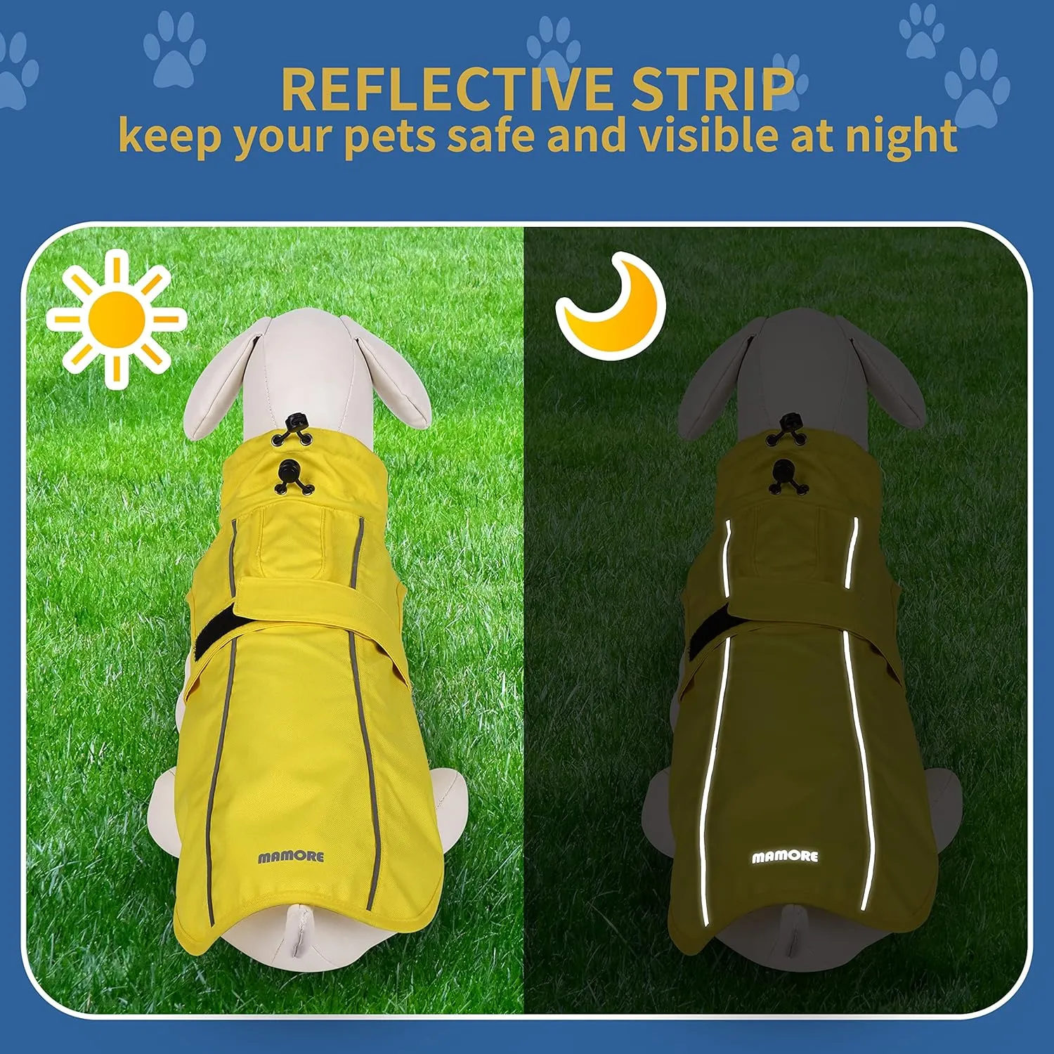 Waterproof Dog Raincoat with Reflective Strip, Adjustable Breathable Rain Coat Jacket with Leash Hole for Dogs (Yellow, Small)